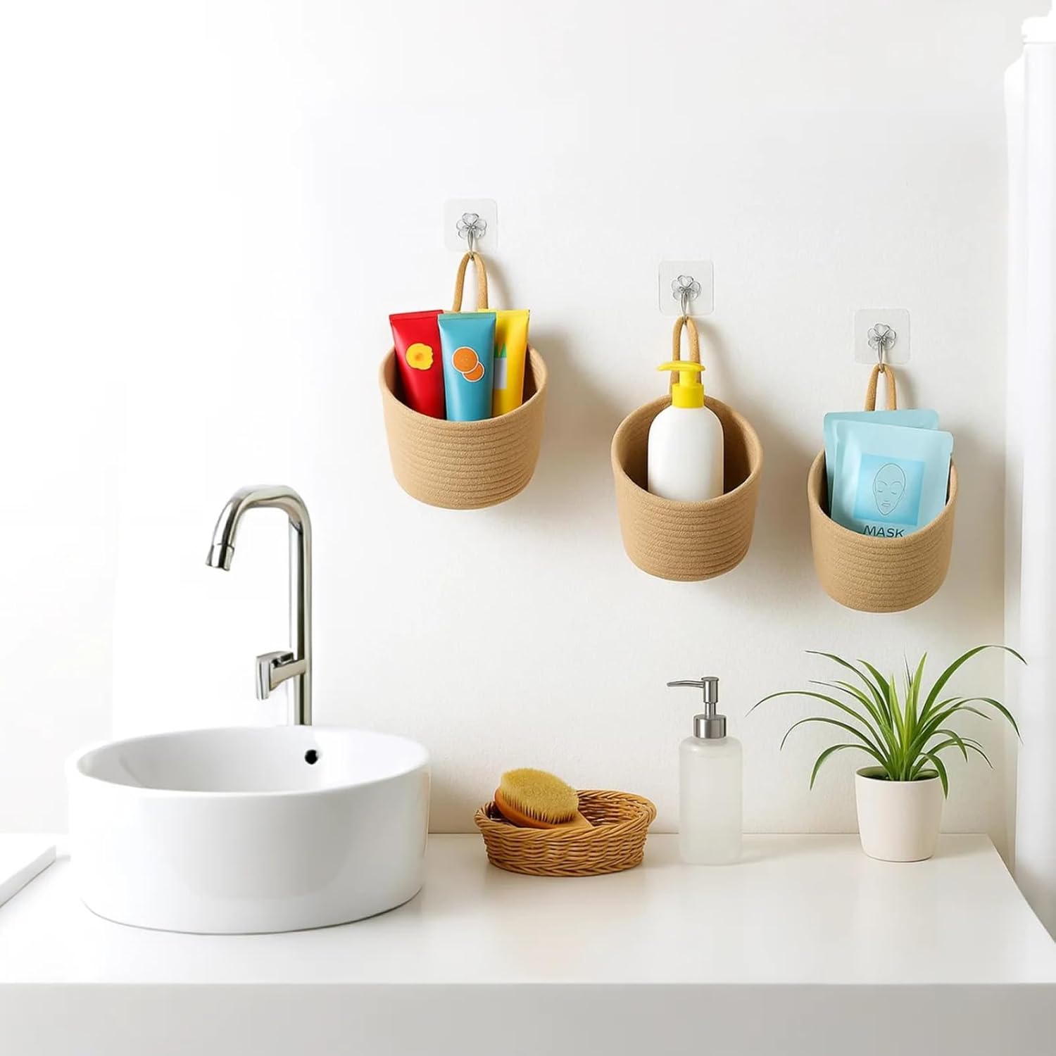 ShellKingdom Hanging Baskets, 3Pack Woven Wall Mounted Storage Basket with 3 Pcs Hooks, Boho Pouchs Bag Organizers for Home Office Living Room Bathroom Door Wall Decoration Caddy Bins (Jute) - Image 5