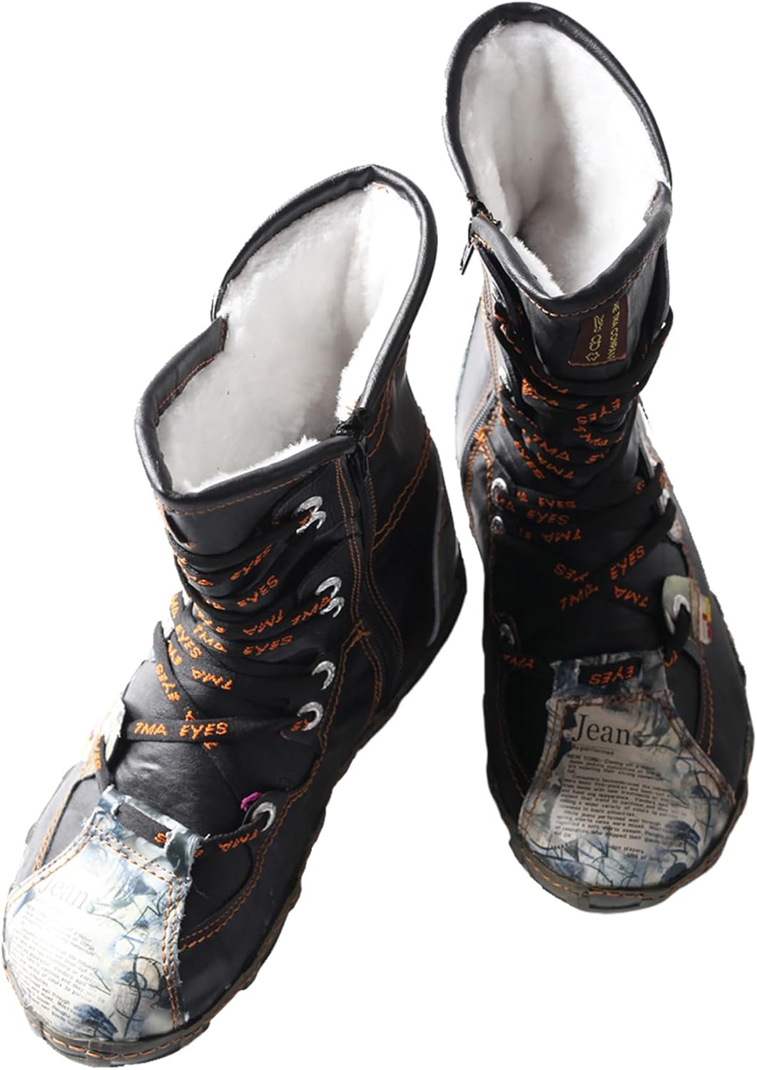 TMA EYES Snake-Embossed Leather and PU Upper Faux Fur Lining Short Flat Boot for Women