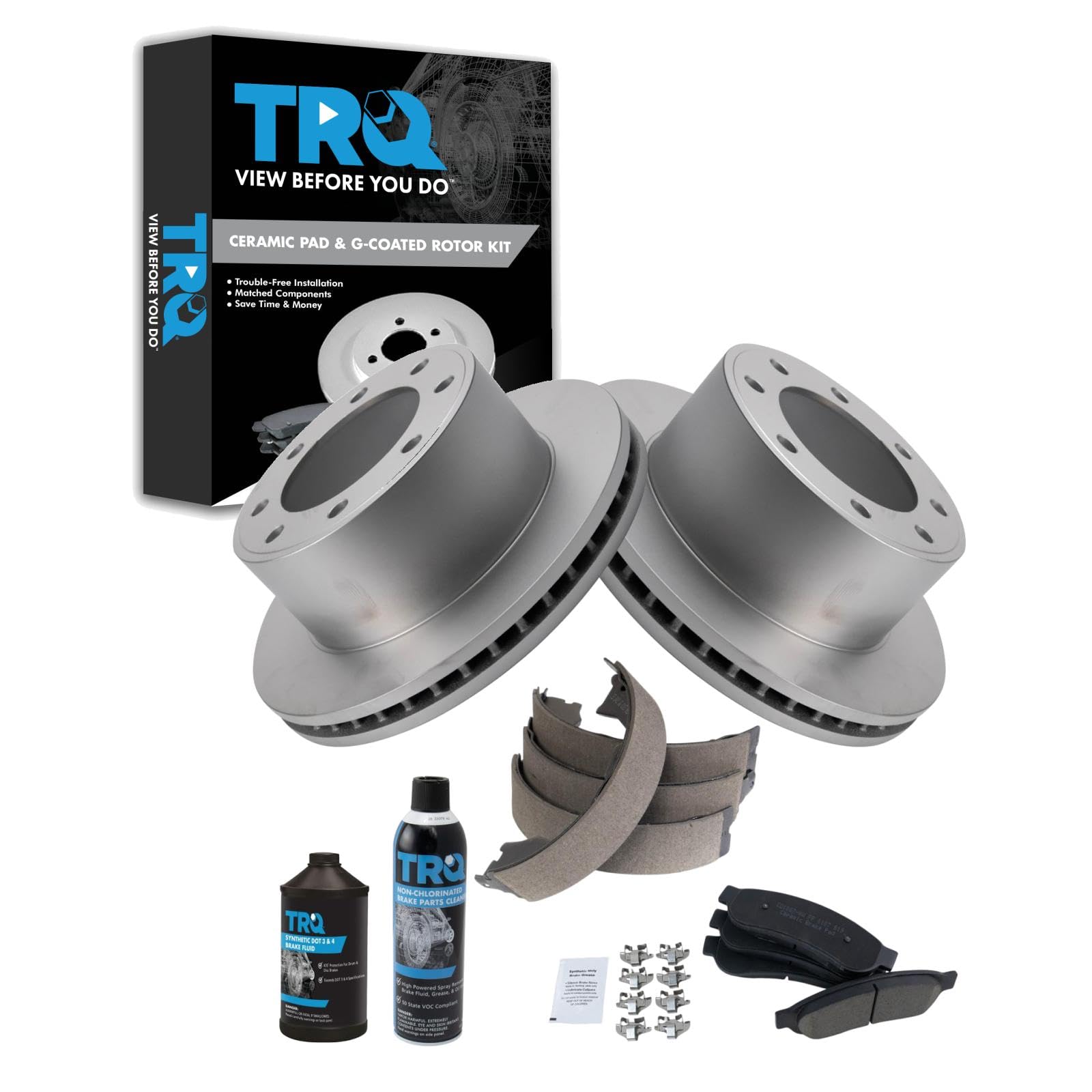 TRQ Rear Brake Pad &amp; Rotor Kit, with Chemical Kit Parking Brake Shoe Set Ceramic Premium G-Coated Compatible with 2011-2012 Ford F-250 Super Duty F-350 Super Duty