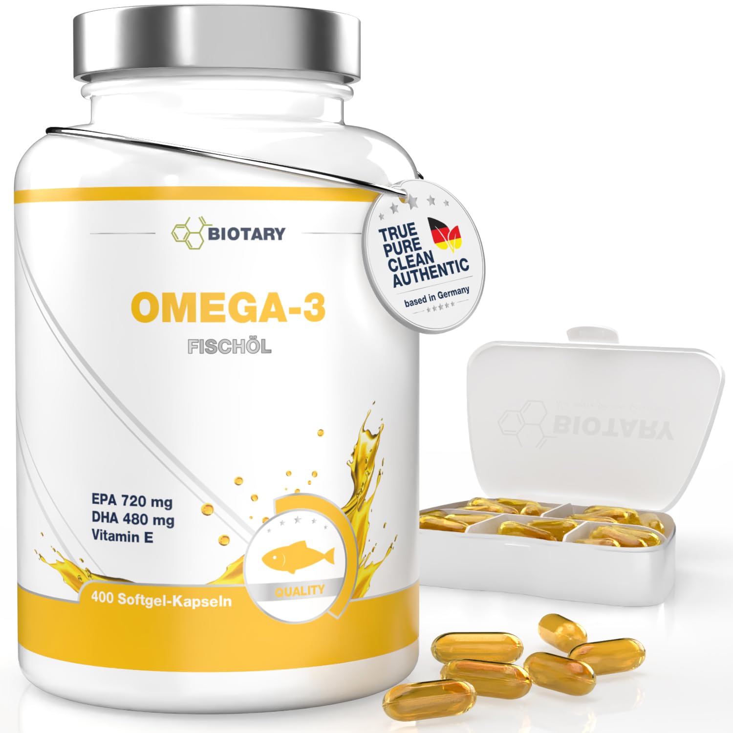 Omega 3 Fischöl 400 Kapseln, Hochdosiert 4000mg, Pillenbox, 720mg EPA + 480mg DHA pro Tagesdosis, Ohne Zusätze, sehr hohe Reinheit und Bioverfügbarkeit