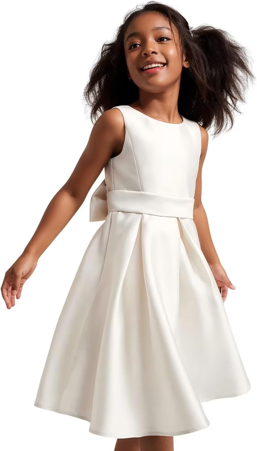 Flower Girl Dress Elegant Sleeveless Kids’ Satin Dress with Bow Perfect for Special Occasions