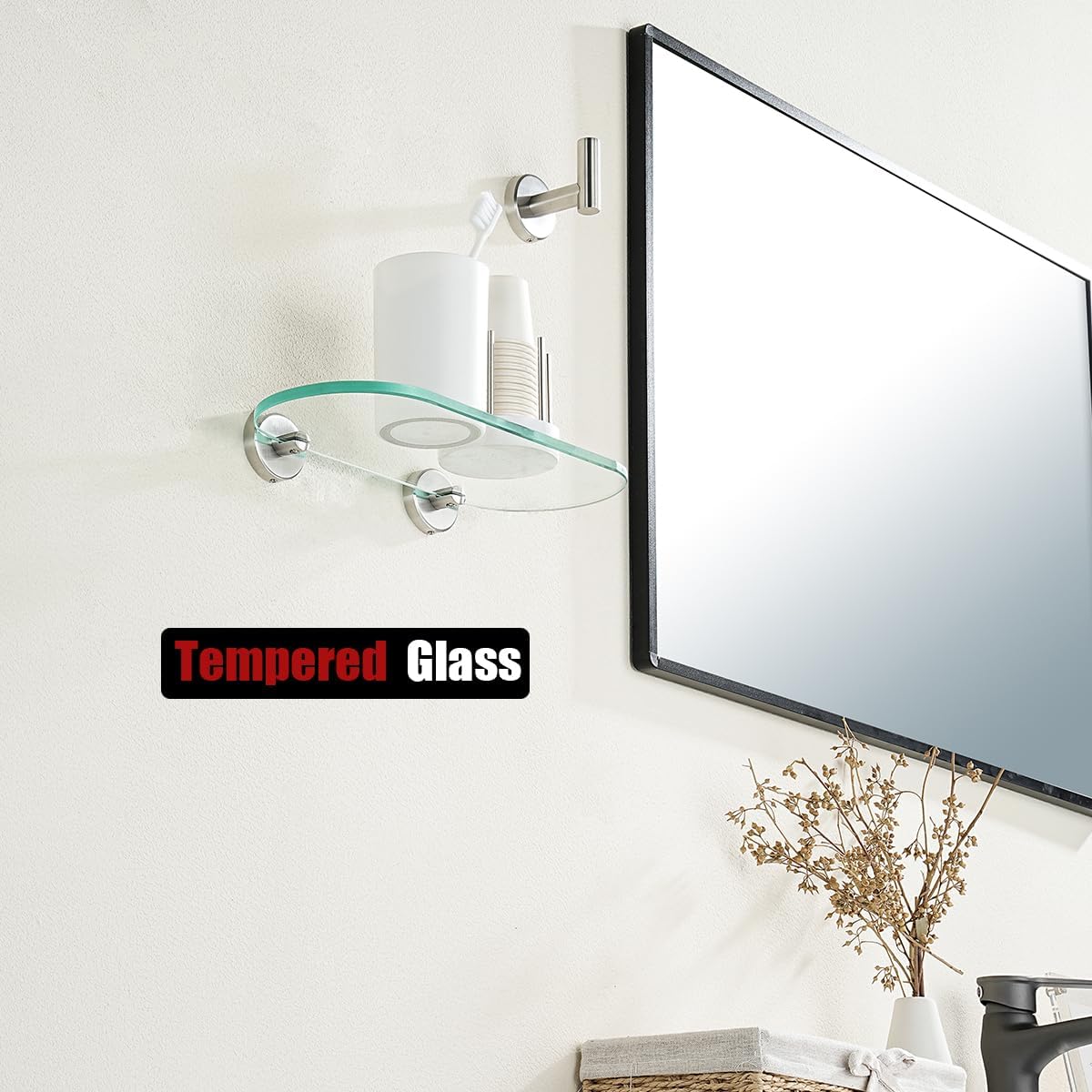 JQK Bathroom Glass Shelf, Floating Tempered Glass Shower Storage 12 by 5 inches, 304 Stainless Steel Brushed Finish Wall Mount 2 Pack, TGS121L12-BN-P2