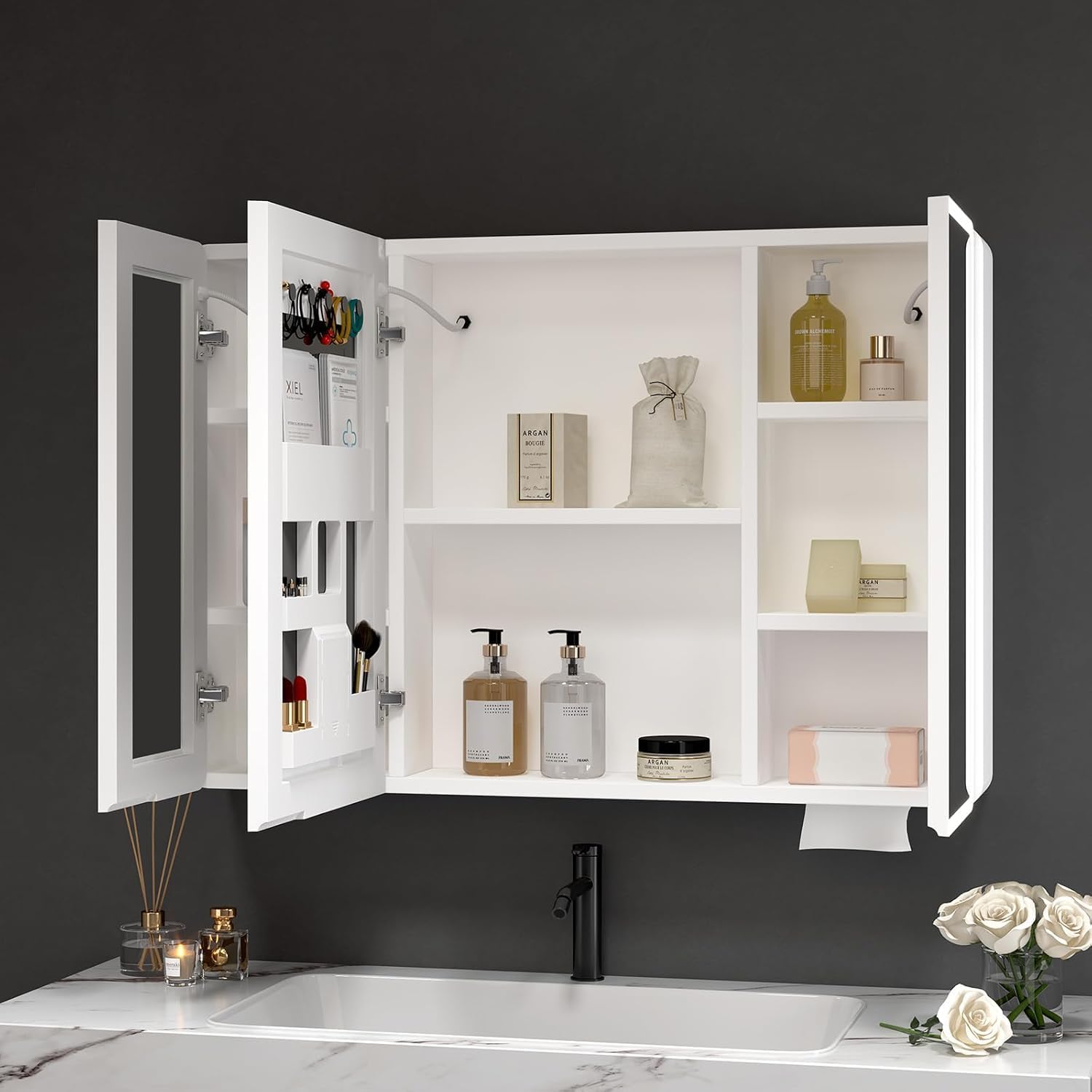 LED Bathroom Medicine Cabinet with Mirror, Add Large Medicine Cabinet Wall Mounted with Anti-Fog, 8 Shelves, 3 Modes Light Adjustable, Sand White Frame, 39" Lx5 Wx27.6 H