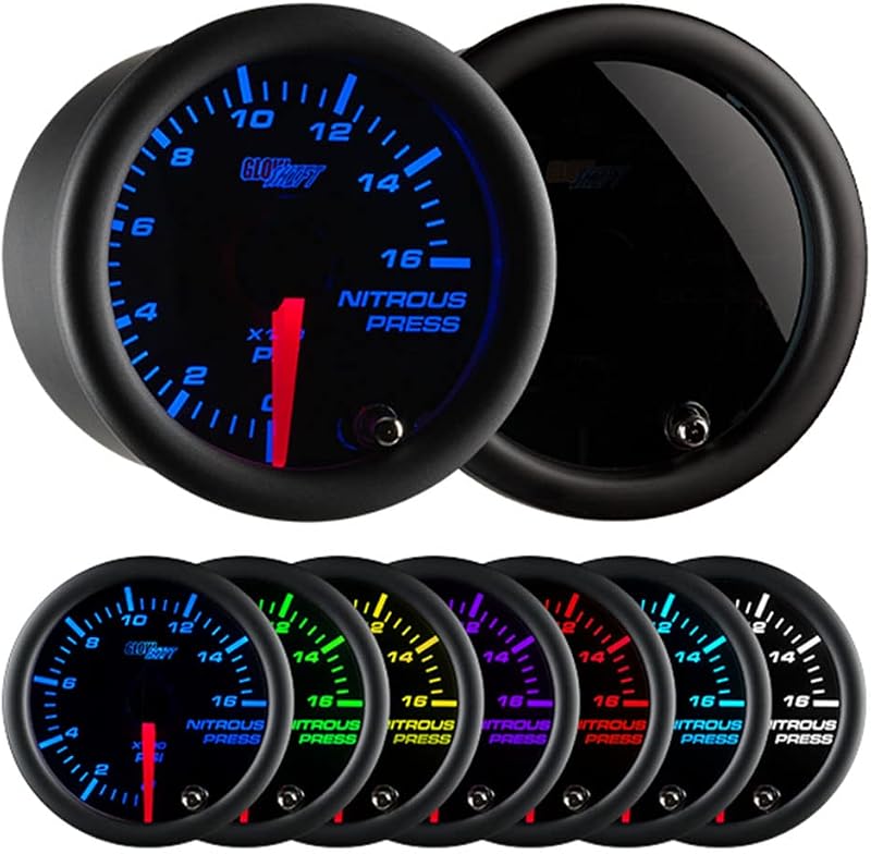 Manômetro de pressão de nitro GlowShift Tinted 7 Color 1.600 PSI, 52 mm – Kit
