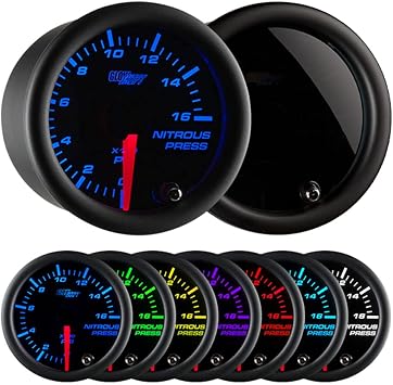 GlowShift Tinted 7 Color 1،600 PSI Nitrous NOS Dauge Kit - يتضمن مستشعرًا إلكترونيًا - قرص أسود - عدسة مدخنة - 2 - 1 / 16 "52 مم