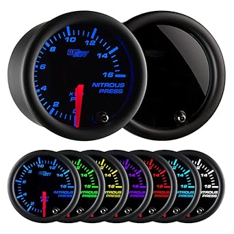 GlowShift Tinted 7 Color 1,600 PSI Nitrous NOS Pressure Gauge Kit - Includes Electronic Sensor - Black Dial - Smoked Lens - 2-1/16