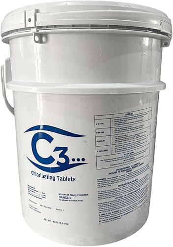 C3-40lb Tabletas de cloro, 3 pulgadas | para piscinas y spas | Pestañas de larga duración, disolución lenta, envueltas individualmente | Tabletas