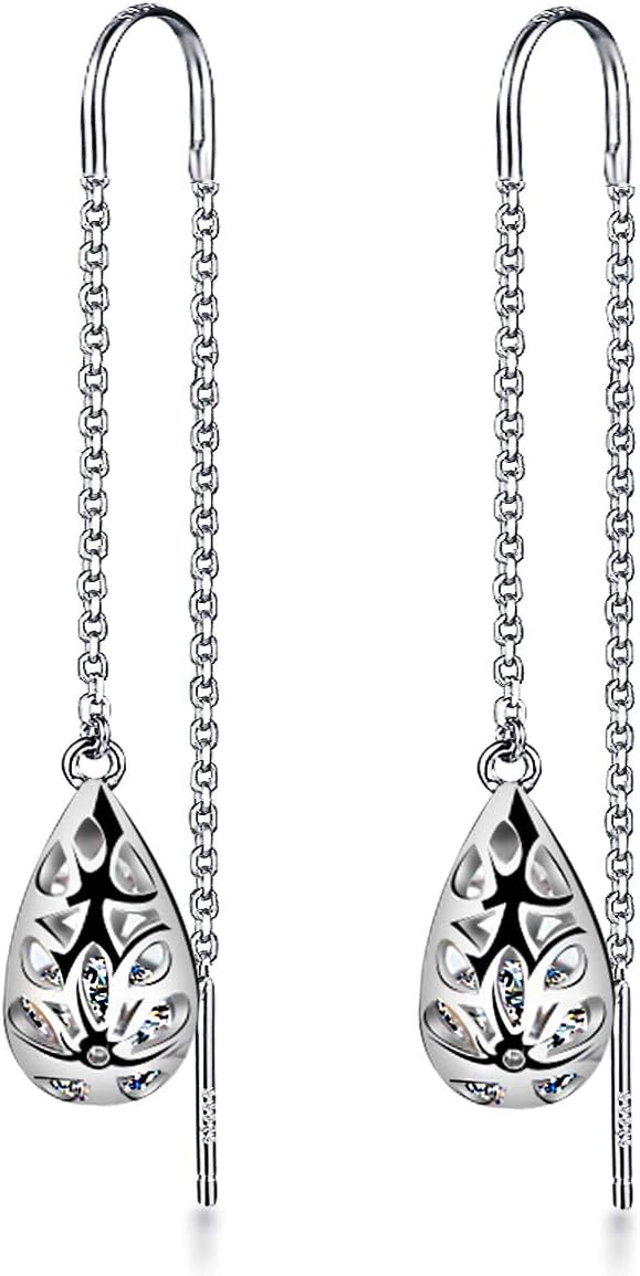 925 Sterling Silver zirconia Needle Drop Threader Pull Through Filigree Earrings for Womens