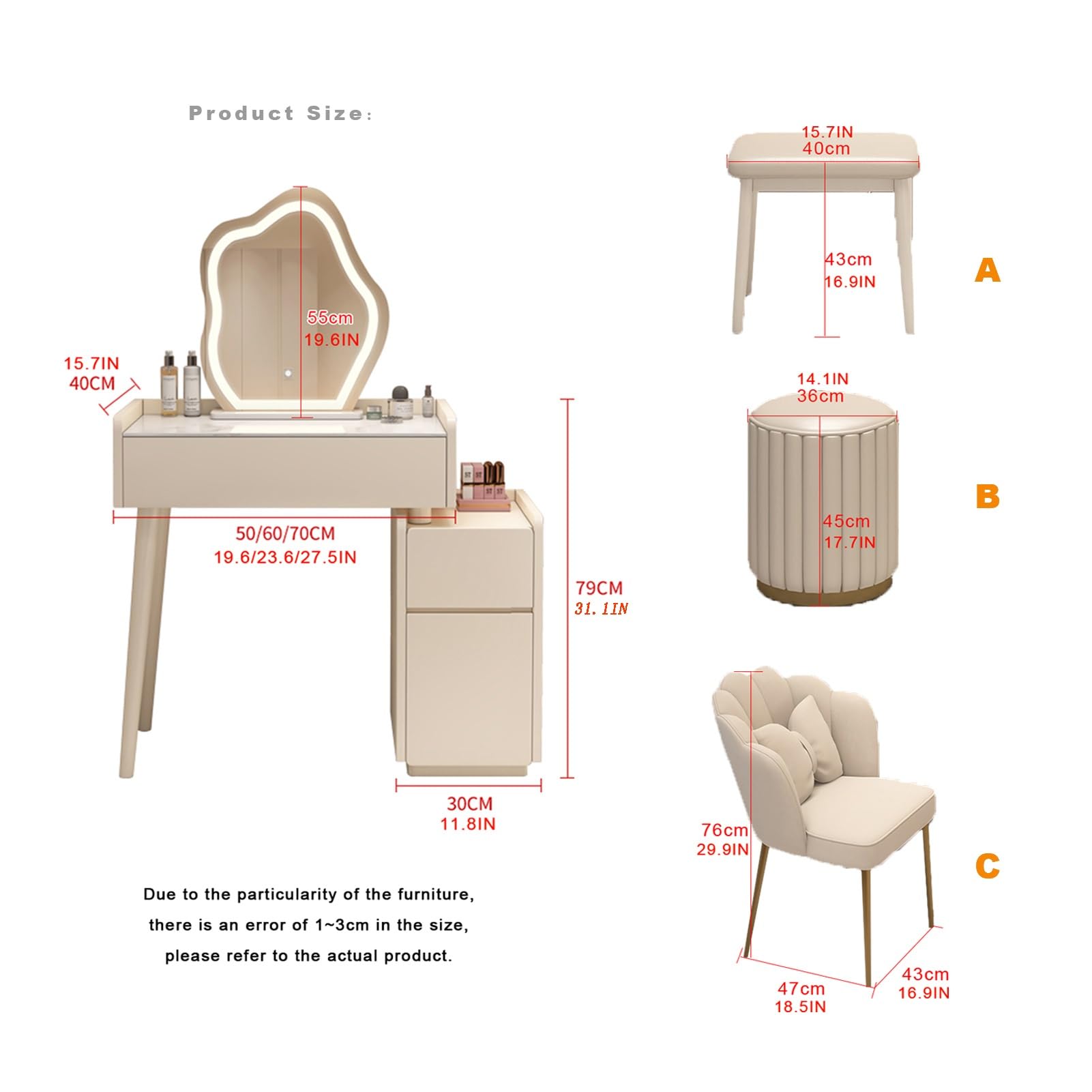 Amazon｜照明付きミラー付きのモダンなドレッサーセット、クッション