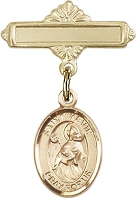 14kt Yellow Gold Baby Badge with St. Kevin Charm and Polished Badge Pin 1 X 5/8 inches