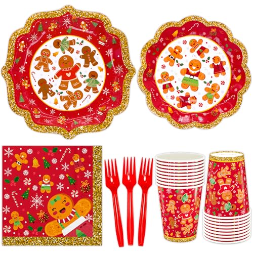 Christmas Gingerbread Party Supplies Serves 24 Party Tableware Disposable Dinner Plates,Dessert Plates ,Paper Cups,Xmas Napkins,Forks,Christmas Party Dinnerware Gingerbread Theme For Xmas Celebration