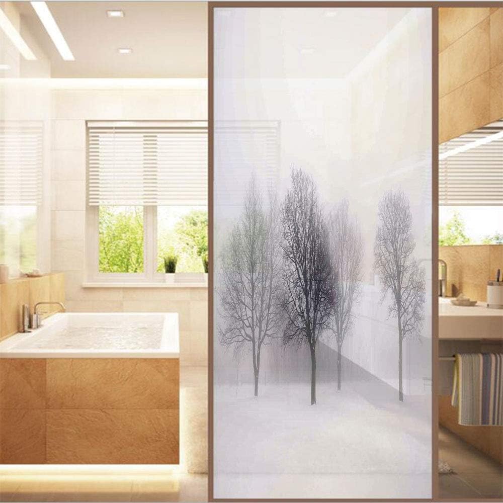 Decorative Window Film,No Glue Frosted Privacy Film,Stained Glass Door Film,Foggy Winter Scene with Leafless Tree Branch in Hazy Weather Artsy Print,for Home & Office,23.6In. by 78.7In Grey White