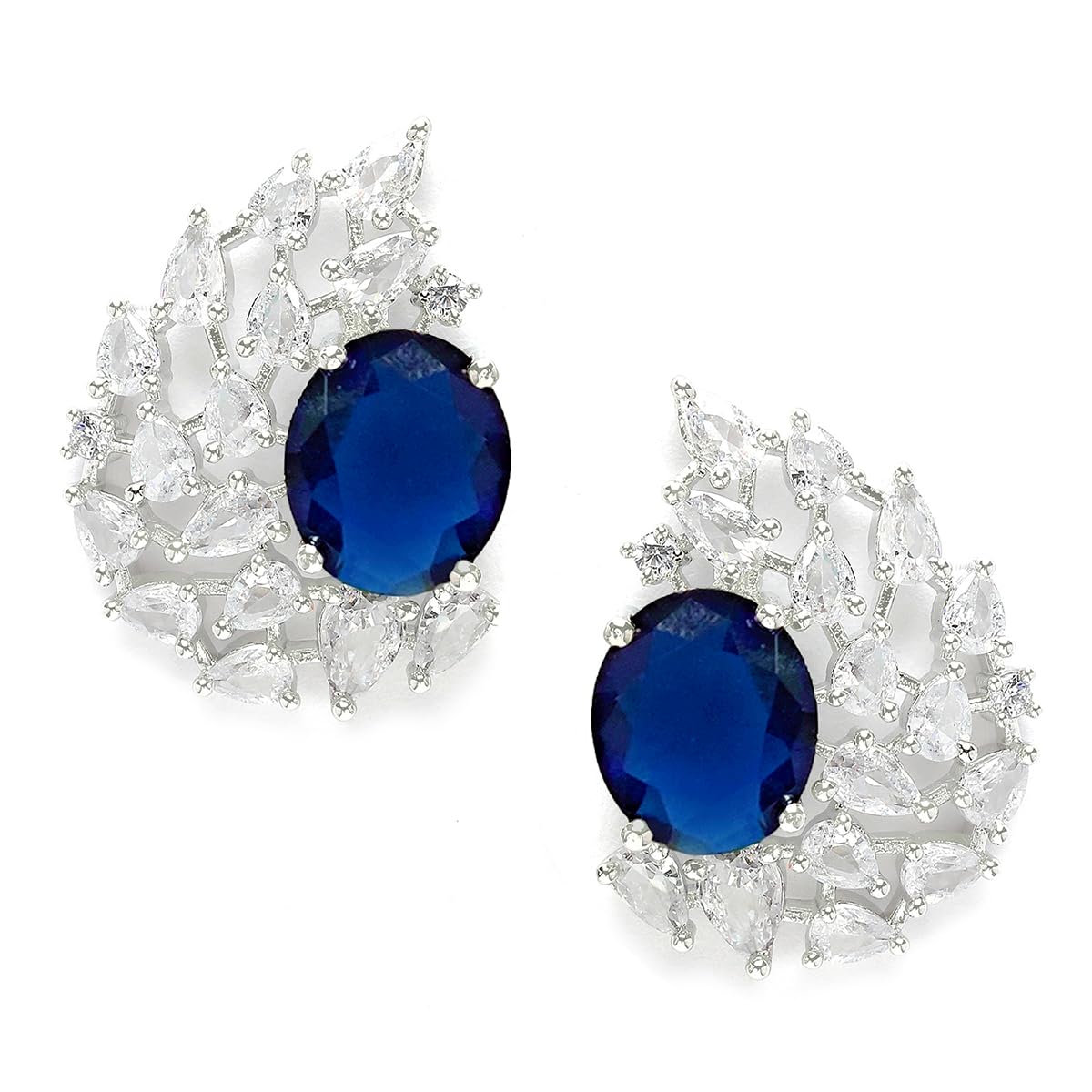 Karatcart Silver Plated Drop Design Blue American Diamond Stud Earrings for Women