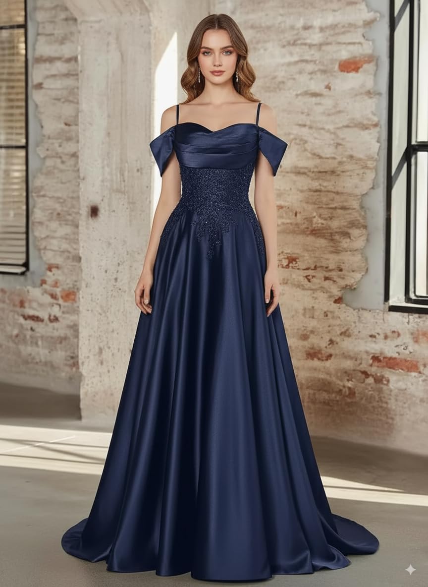 Off The Shoulder Ball Gown Lace Appliques Satin Prom Dresses for Women A-Line Evening Gown