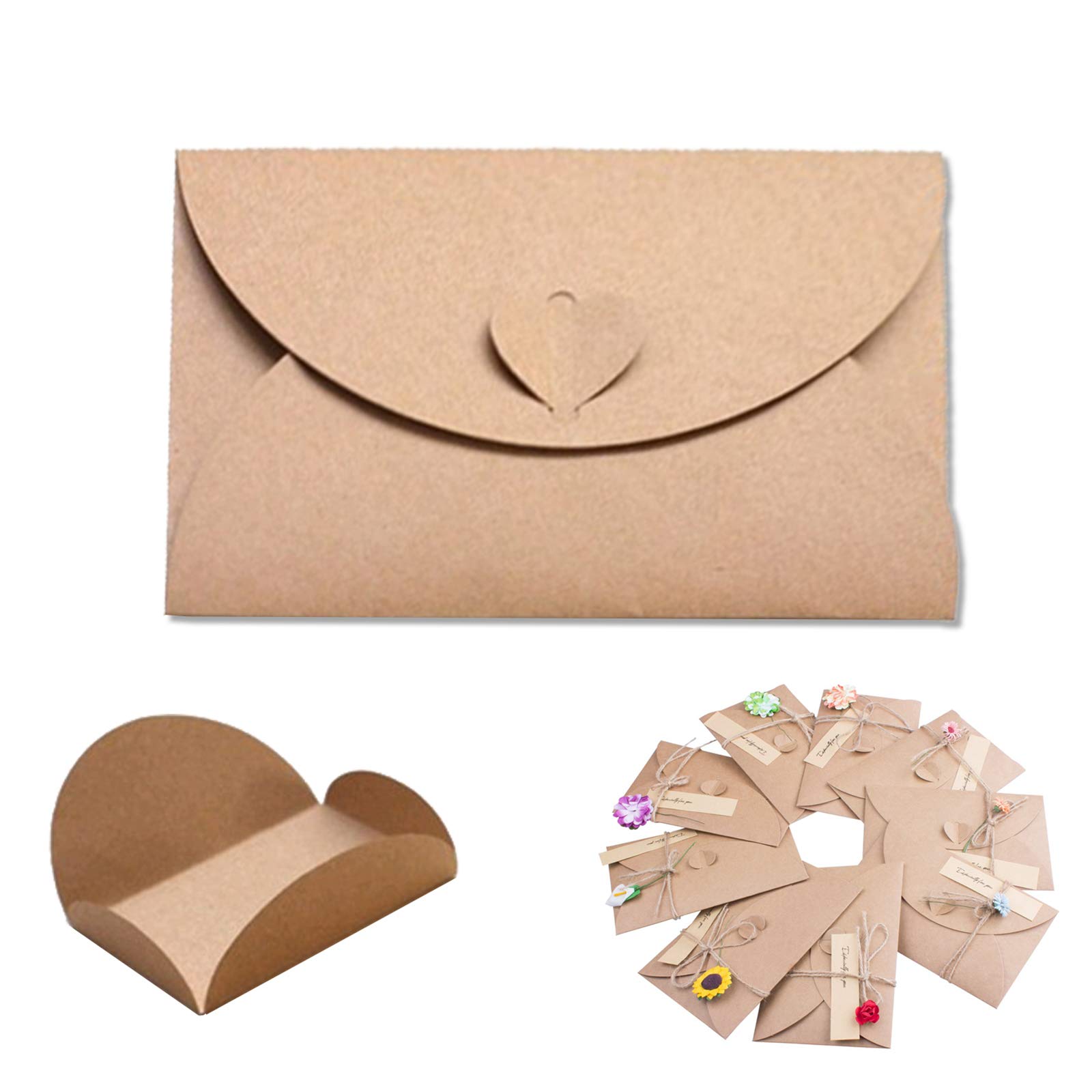 Lot de 50 enveloppes en papier kraft rétro faites à la main, avec crochet en forme de cœur, cartes postales, porte-photos, envel
