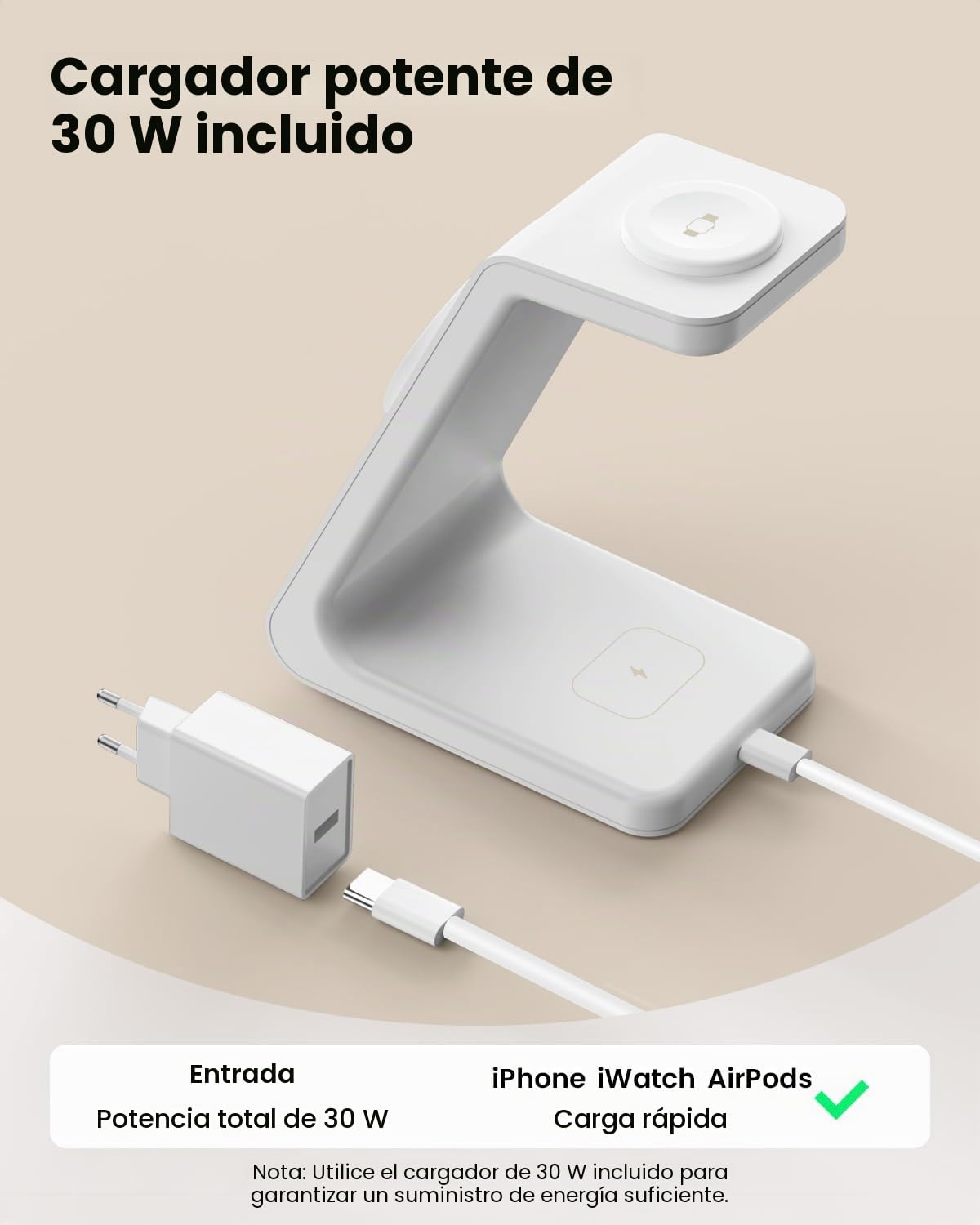 GEEKERA Cargador Inalámbrico 3 en 1 Certificado, Estación de Carga Rápida 15W Compatible con iPhone Air/17/16/15/14/13/12, Base Cargador para Apple Watch 11-2 y AirPods, Blanco Gris