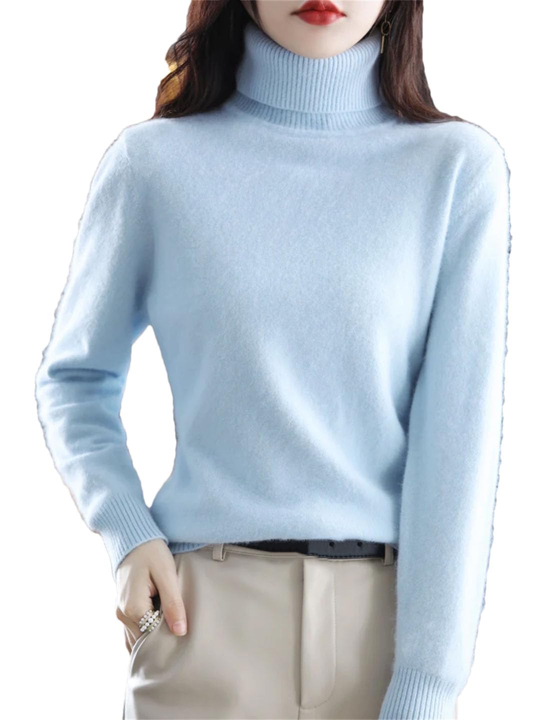 Damski sweter z golfem w jednolitym kolorze, wąski, miękki, ciepły, długi rękaw, Błękit jeziora, XL