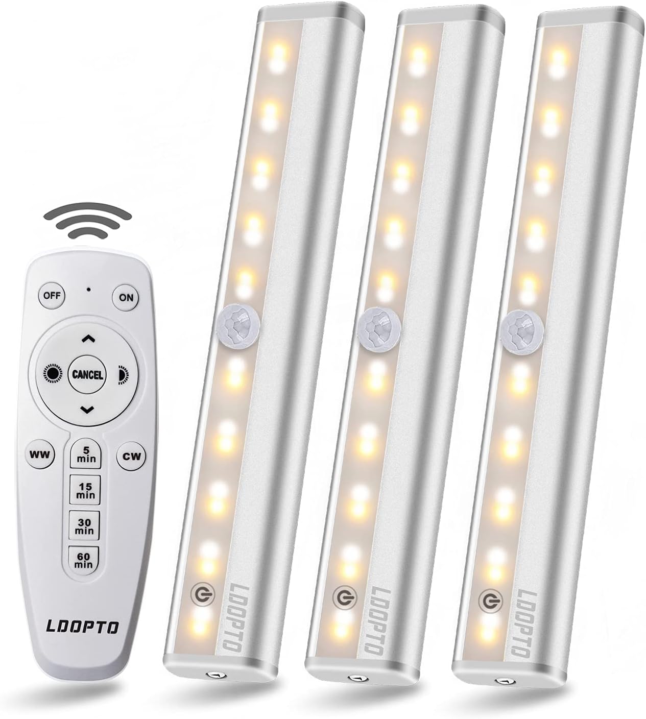 ワイヤレスリモートコントロールLED下キャビネット照明[ 3パック]、ldopto 10 LED Cupboardライトバー、クローゼットライトwith stick-on磁気ストリップ/明るさ調整/時間制御、シルバー