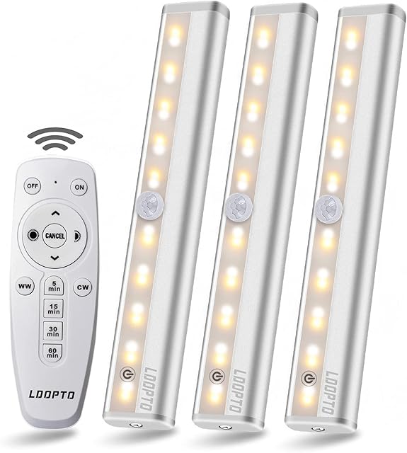 LDOPTO Under Cabinet Kitchen Lights with Remote Dimmable LED Cupboard led Lights Battery Powered LED Lights with Remote Bedroom Lights Battery Operated Lights Bathroom Decor 3 Pack