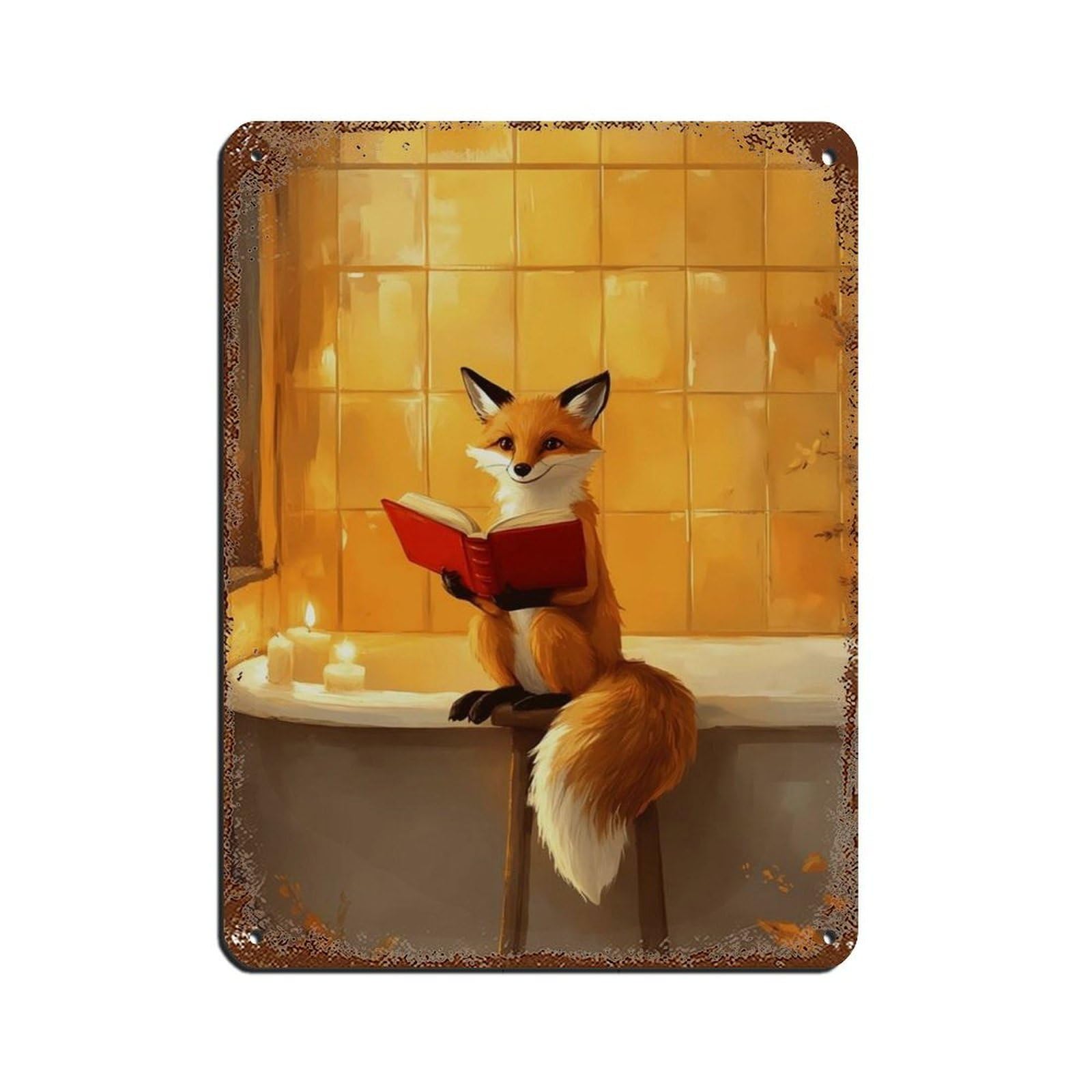 Cute Fox Reading Book in Bathtub Tin Sign Vintage Metal Pub Club Cafe Bar Home Wall Art Decoration Poster Retro 12x16inch(30x40cm)