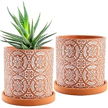 Jucoan 2 Pack Terracotta Plant Pot, 5 Red Clay Planter Pot with Boho Flower Pattern, Ceramic Cactus Flower Planter Succulent Pot with Drainage Hole and Saucer for Indoor Outdoor Plant