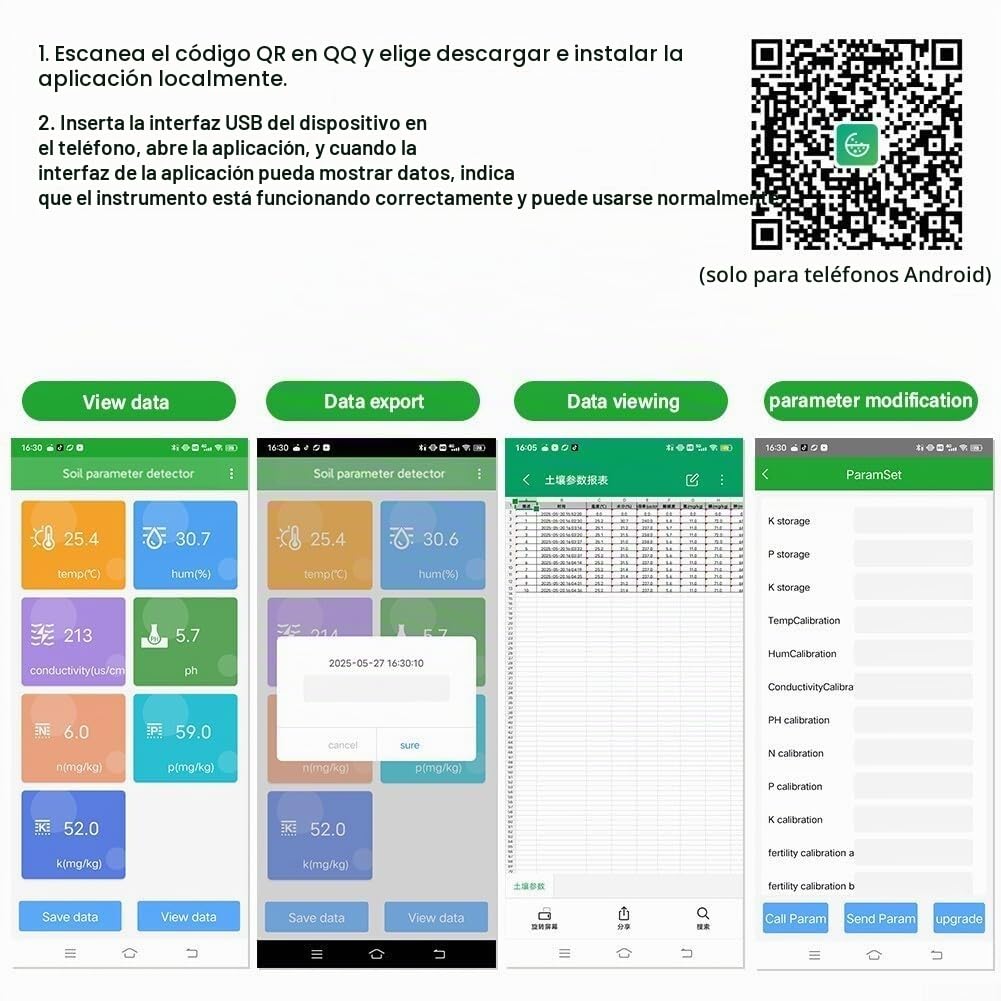 Eawfgtuw 8 en 1 USB Medidor de prueba de suelo digital pH temperatura humedad NPK analizador con soporte de aplicación móvil para agricultura jardinería investigación IP68 impermeable