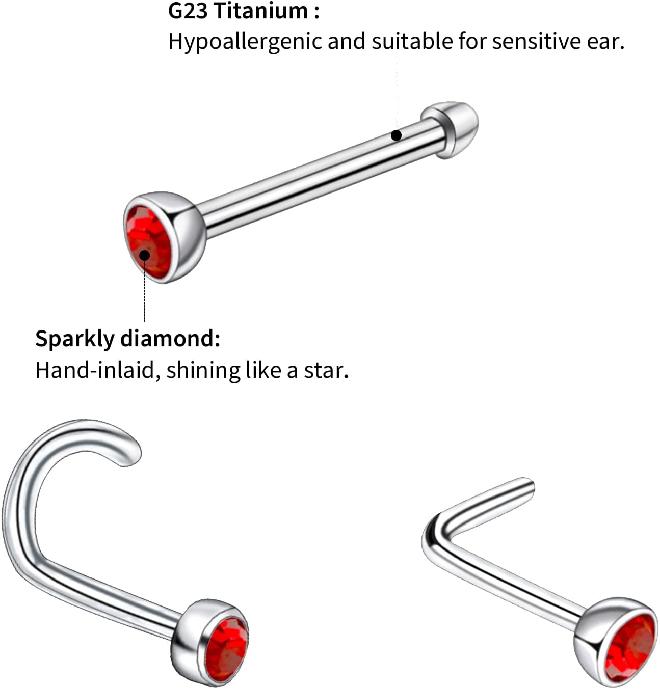 BLISI 6pcs 18G 20G Nose Rings Titanium Nose Piercings Screw with Crystal Stone for Women Nose Rings L-Shaped Nose Studs Set for Women Men - Image 3