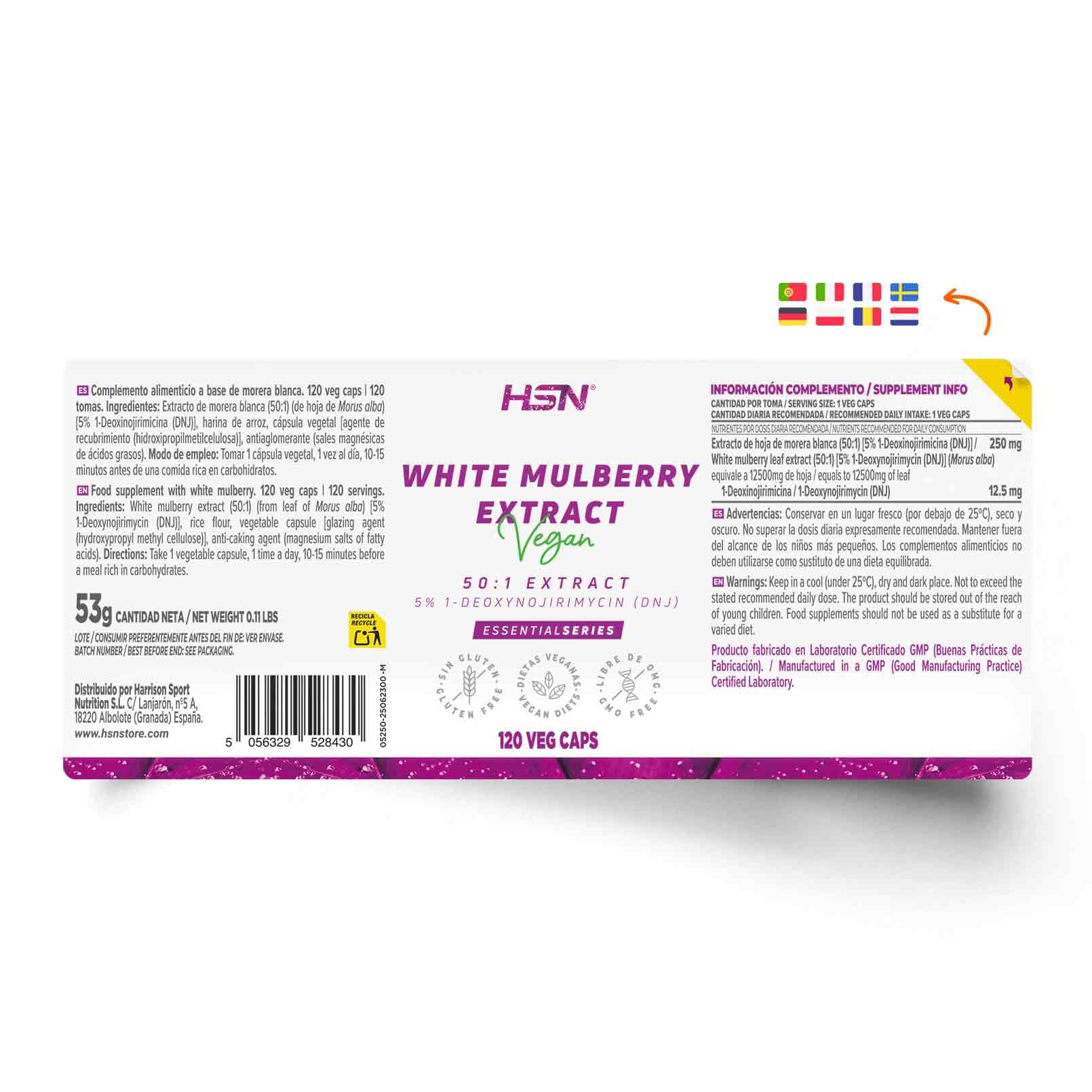 HSN Weißer-Maulbeer-Extrakt (Morus alba) 50:1 250 mg | 120 Vegetarische Kapseln | Standardisiert auf 5% 1-Desoxynojirimycin (DNJ) | Ohne Gentechnik (Non-GMO), Vegan, Glutenfrei