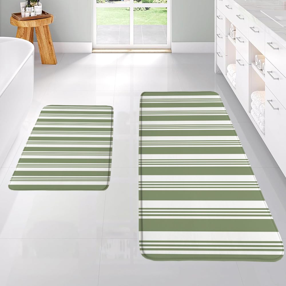 QWRSMYX 2 Piece Set Green Striped Bathroom Rugs Modern Fashion Girl Abstract Geometric Aesthetic Contemporary Simple Boho Mid Century Bath Mat Bedroom