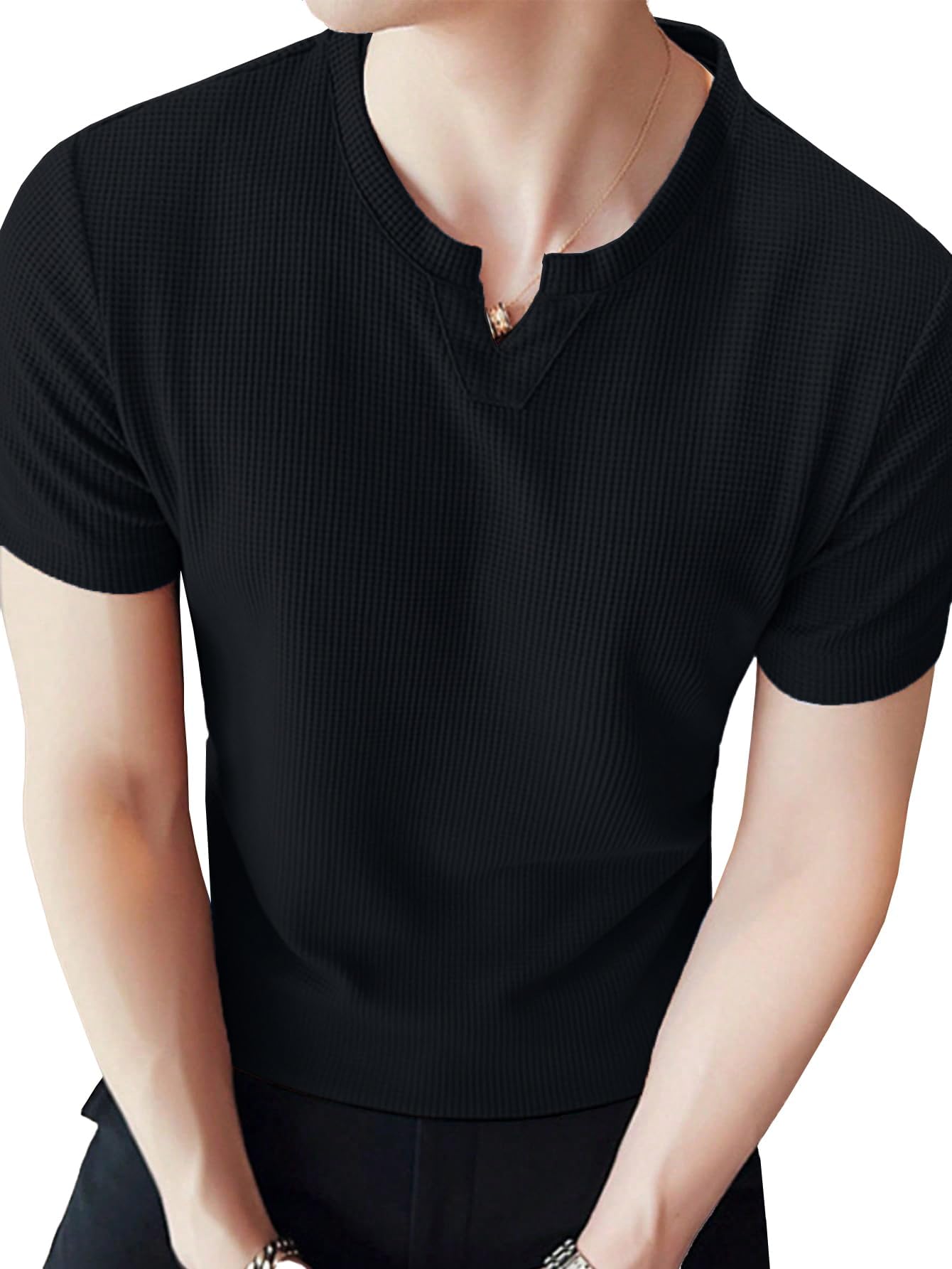 Men's Waffle Knitted V Neck|T Shirt for Man|Waffle|Cotton|Casual| Regular Fit Tees (2012)