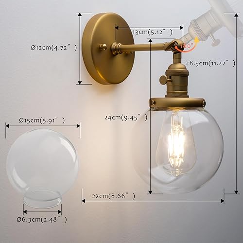 Miniatura 5 de Pathson Aplique de pared industrial con cable con vidrio de globo transparente, interruptor de encendido y apagado, lámpara de pared vintage para