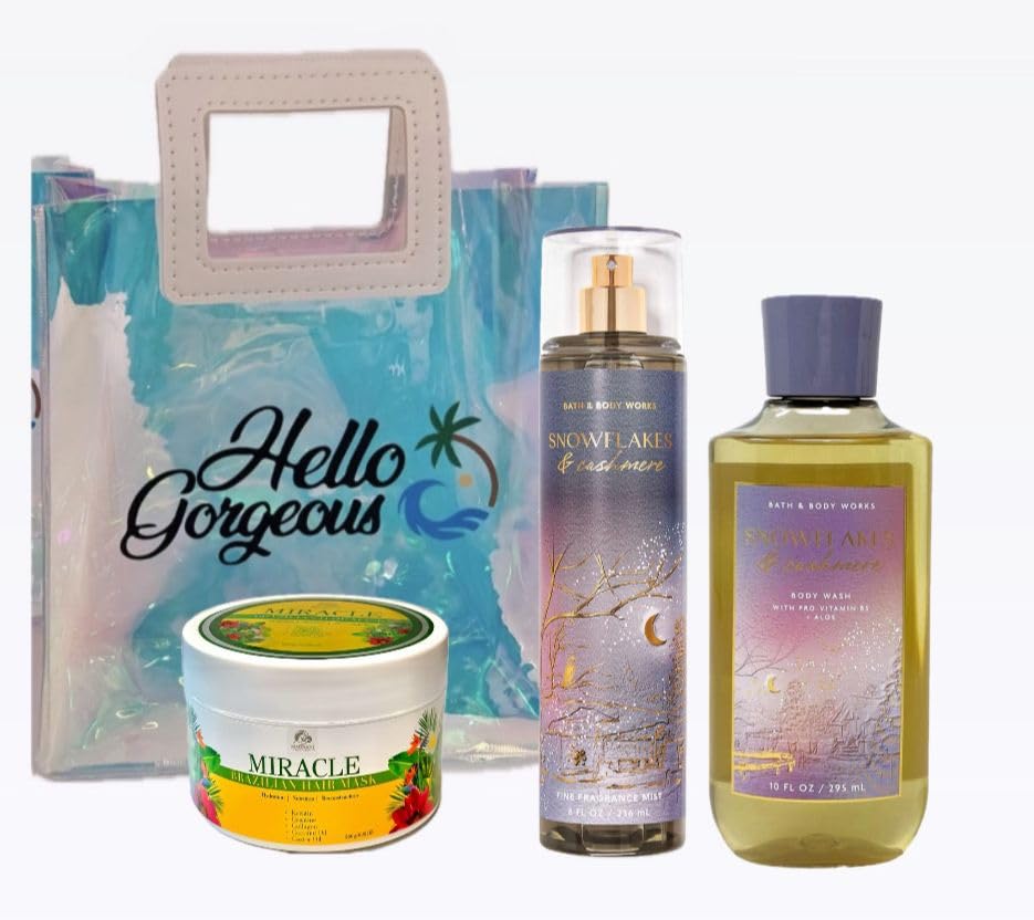 SNOWFLAKES & CASHMERE - Bath Body/Work -2 Premium Beauty - Full Size and Hello Gorgeous Gift Bag With MIRACLE BRAZILIAN HAIR MASK (Packaging May Vary)