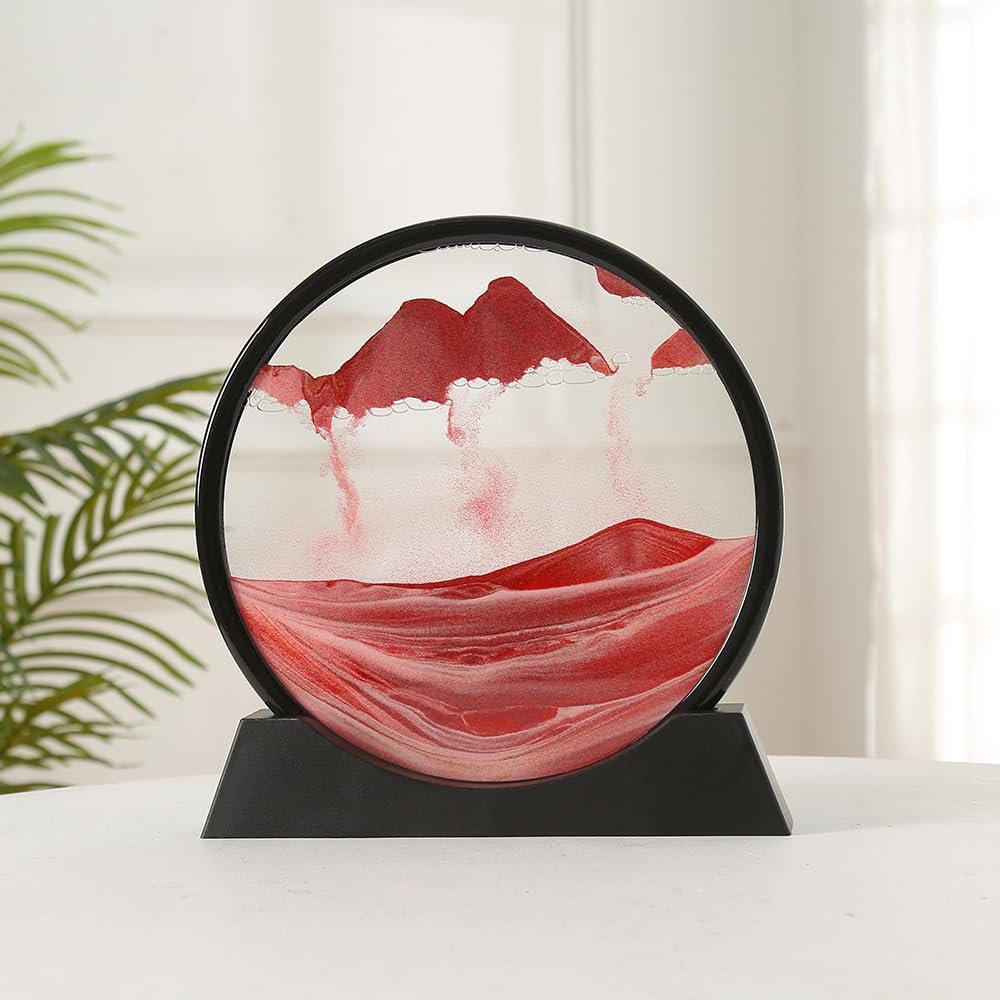 AzureLeap Peinture de Sable Mobile Cadre Sablier Art de Sable en Mouvement Sable Dynamique dans un Verre Rond Paysage 3D pour Bureau et Décoration Maison (Rouge, 12 Pouces)