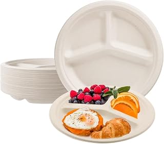 GOURMEX 50 10" Divided Bagasse Compostable Paper Plates | Eco Friendly Disposable Plates | Made of 100% Sugar Cane | Party Plates, Dinner Plates, Dessert Plates Disposable (10" Divided)