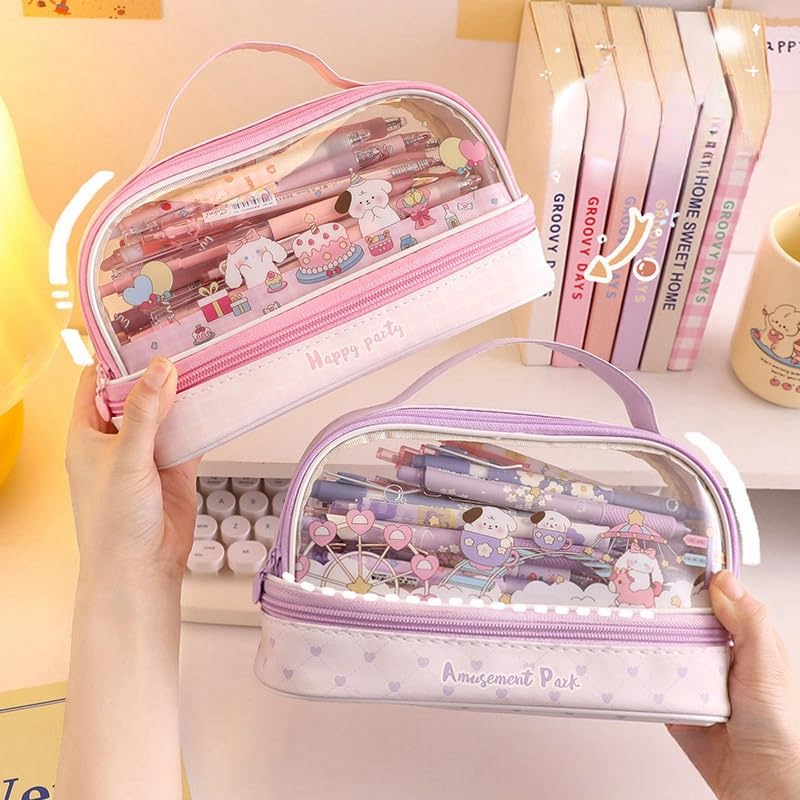 Image of Bunny Pencil Pouch w /Handle Rabbit Kitten Bear Puppy Pen Case Cosmetic Bag Clear Case Transparent Waterproof (Cake-Pink)