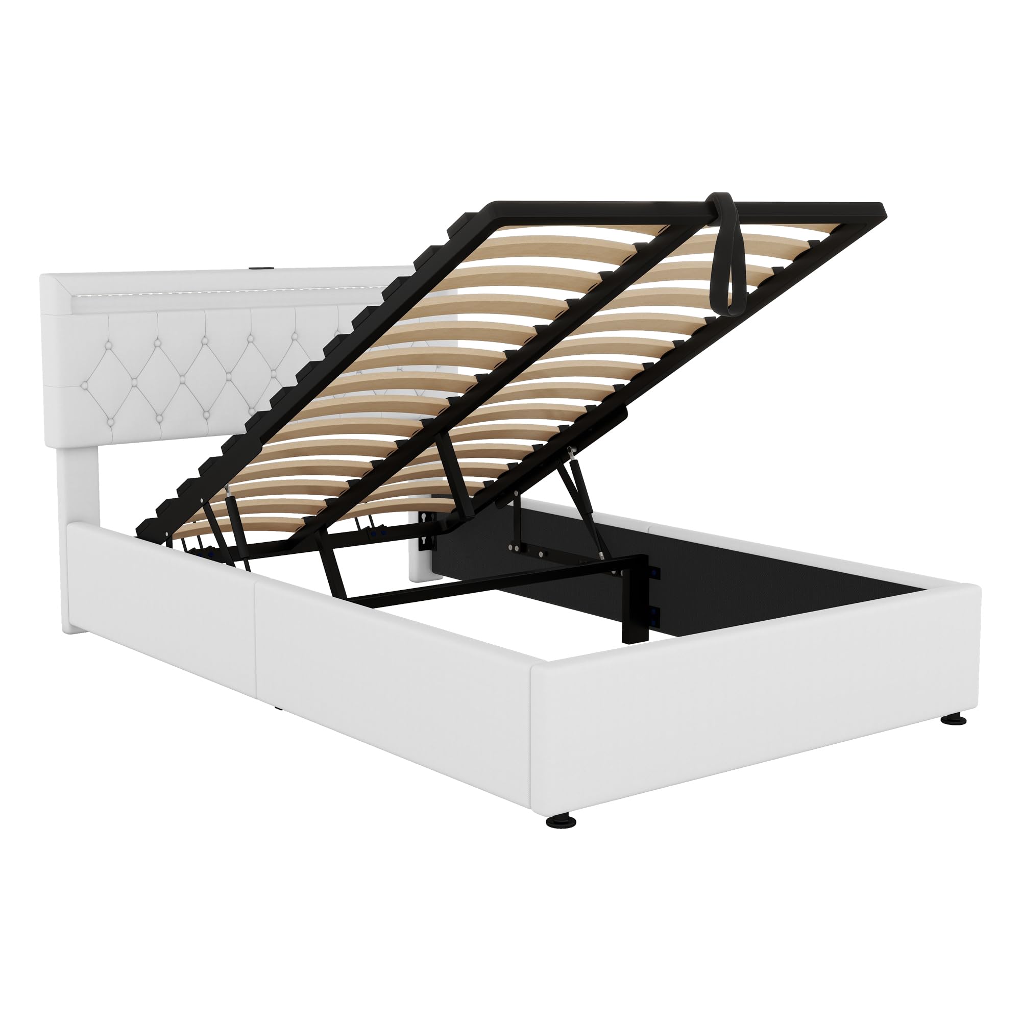 LAKFEW Cama Matrimonio Cama 140x200 cm con USB y LED, Camas Matrimoniales con Almacenamiento Hidráulico, Camas Juveniles Cama Doble con Cabecero Ajustable y Somier Metálico, Lino, Blanco, Sin Colchon
