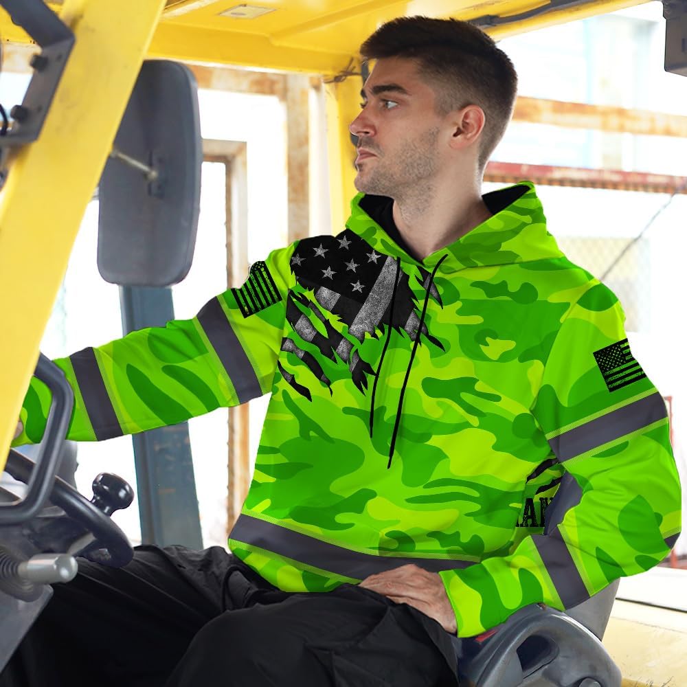 Maddly High Visibility American Flag Hoodie, Hi Vis Safety Workwear Custom Name for Workers, Runners, Truckers, Patriotic - Image 4