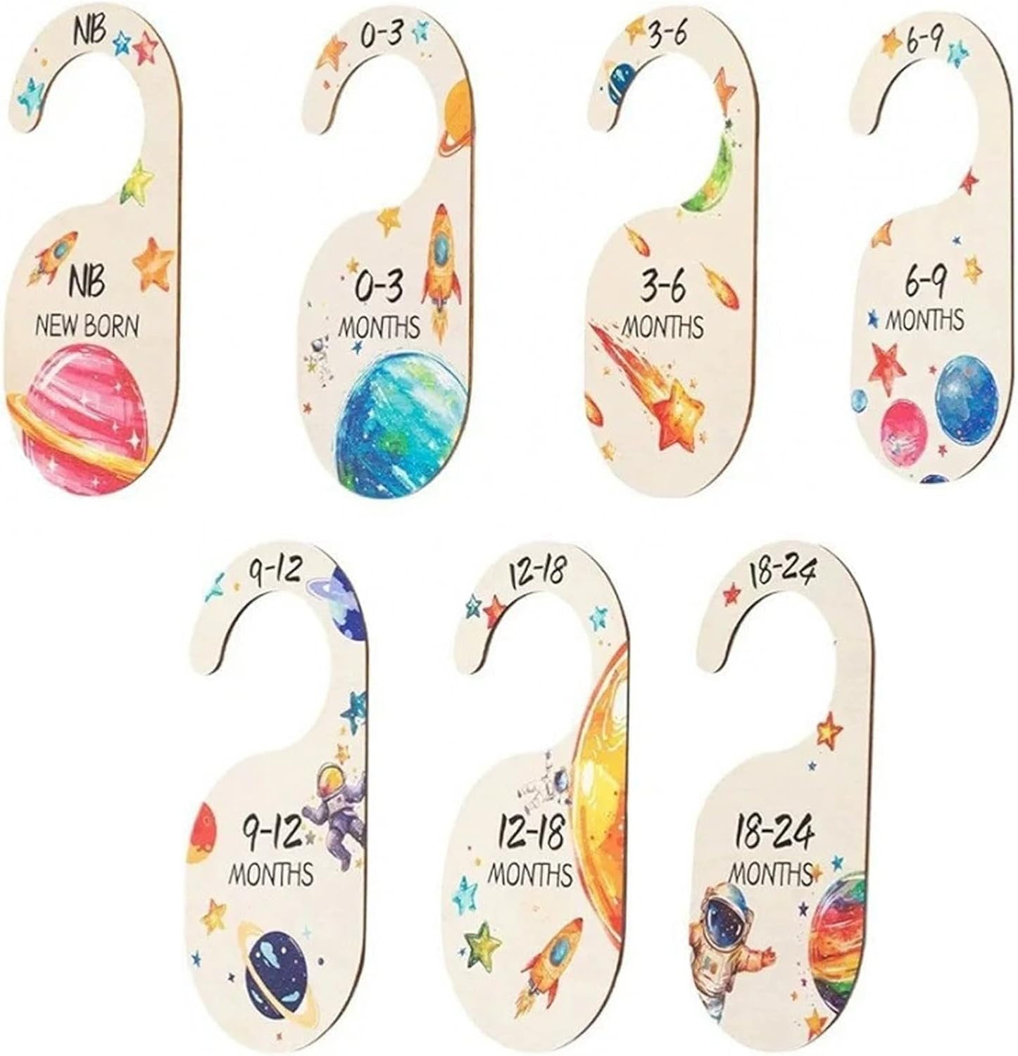 7 PCS Baby Wardrobe Dividers,Planet Theme Wooden Clothes Size Dividers Nursery Closet Decor,Month Hanger Organiser Colorful Creative Gifts from Newborn to 24 Months Baby Boys Girls Safety Accessories