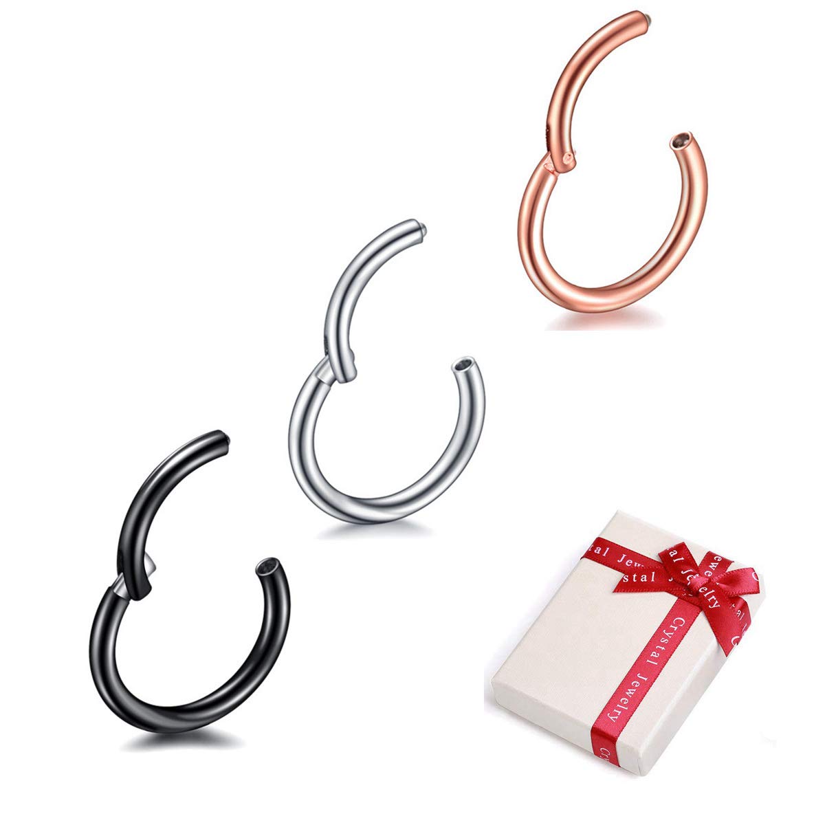 UWILD 2 piercings de acero inoxidable de titanio 16 G, caja de regalo, 2 piercings de titanio quirúrgico para la nariz, piercing de nariz, anillo de nariz, anillo de titanio y acero inoxidable (16 g x