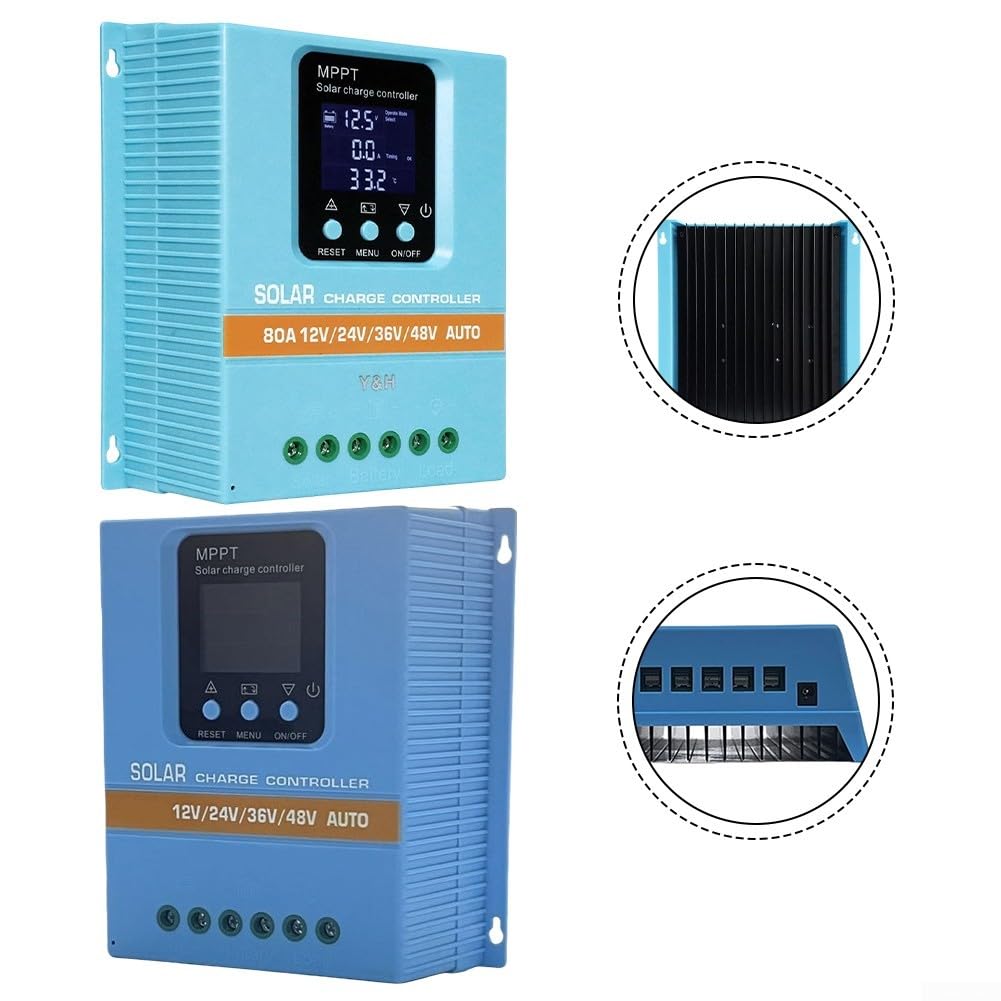 MPPT Regolatore di carica solare 60A/80A per sistemi 12V 24V 36V 48V, rilevamento automatico della tensione, display LCD, materiale ignifugo per camper barca (12V24V/36V/48V-80A)