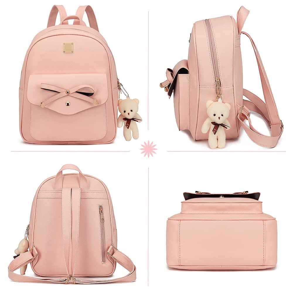 MACCINELO Cute Leather Mini Backpack Purse for Women Bowknot Small Backpack for Girls gift Rucksack Ladies Shoulder Bag 3pcs