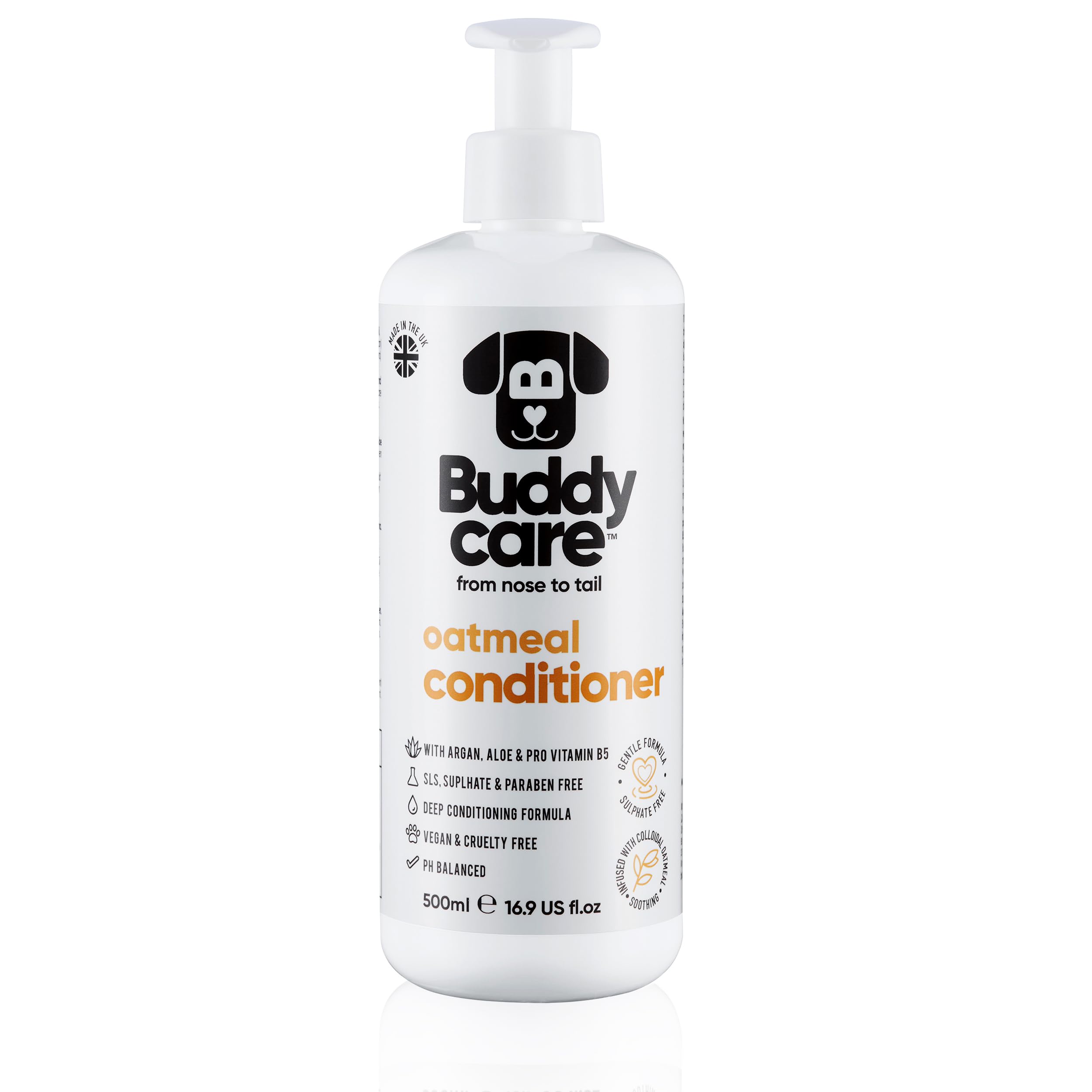 BuddycareOatmeal Dog Conditioner (500ml) Made with Aloe Vera, Argan Oil & Pro Vitamin B5 to Detangle Matted Coats & Relieve Sensitive & Itchy Skin, Suitable for Puppies from 8 Weeks, Vegan Formula