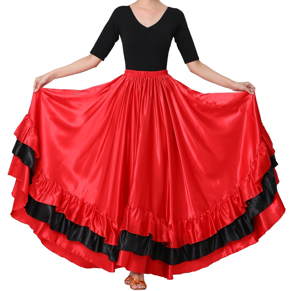 Women Black Red Layers Satin Long Skirt for Spanish Flamenco Belly Dance Mexico Ballet Folklorico Performance