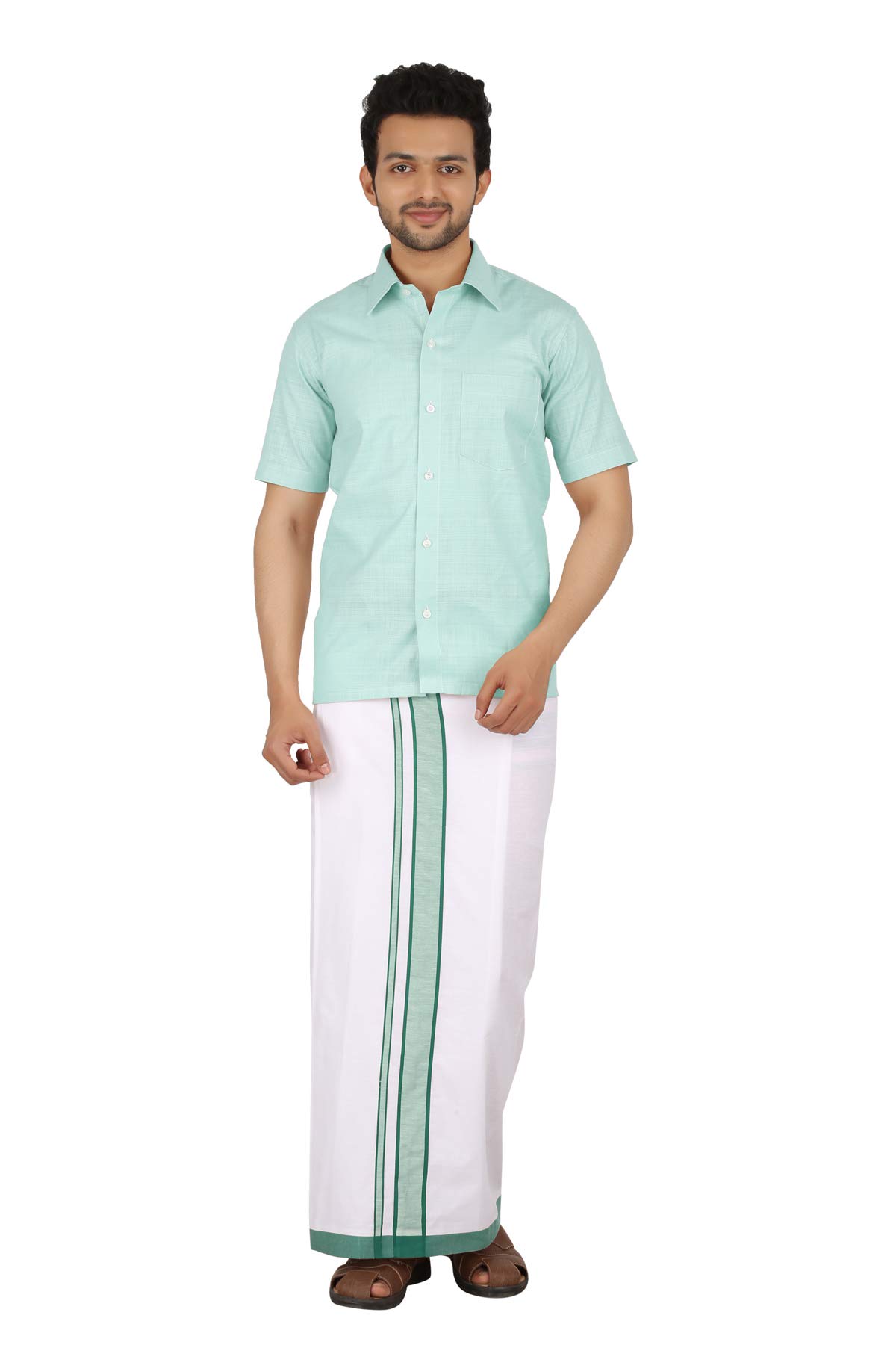 Prakasam Cotton Men's Green Border Dhoti With Welcro Pocket (Moon Green)