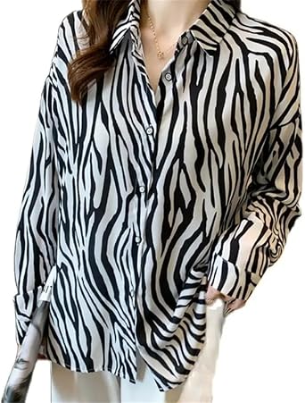 Fulbant Womens Chiffon Zebra Striped Shirts Casual Loose Long Sleeve Blouses Spring Autumn