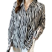 Fulbant Women's Chiffon Zebra Striped Shirts Casual Loose Long Sleeve Blouses Spring Autumn