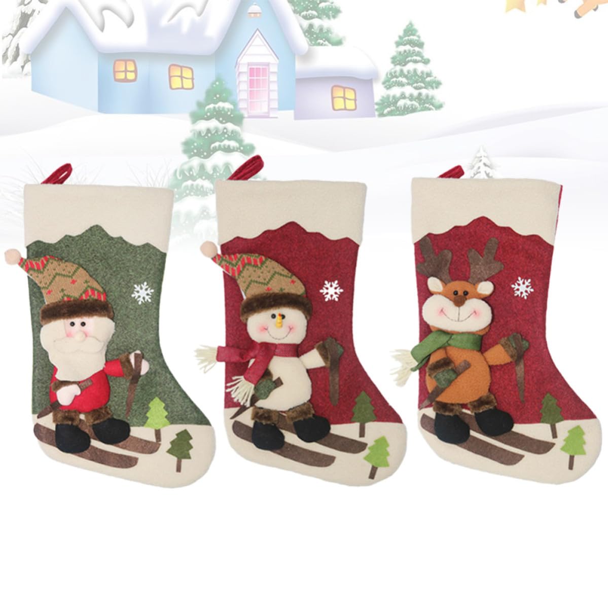 Uonlytech 3 Medias Navideñas Decorativas para Árbol de Navidad Diseño de Santa Claus, Muñeco de Nieve y Alce, Hechas de Tela No Tejida y Felpa para Llenar Dulces Estilo Varios Estilos