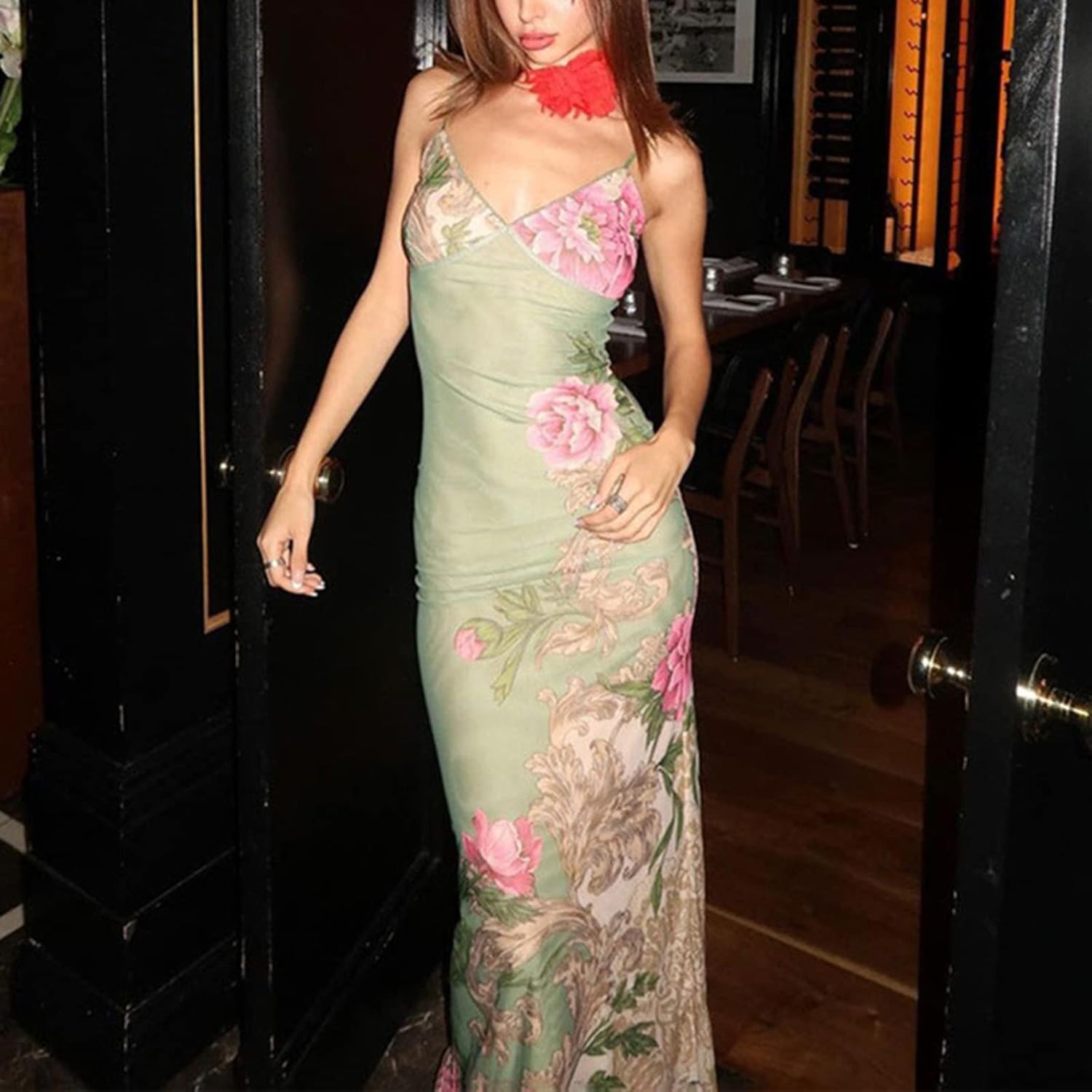 Women Sleeveless Maxi Dress Backless Bodycon Floral Printed Spaghetti Strap Long Dress Vintage Clubwear Summer size small