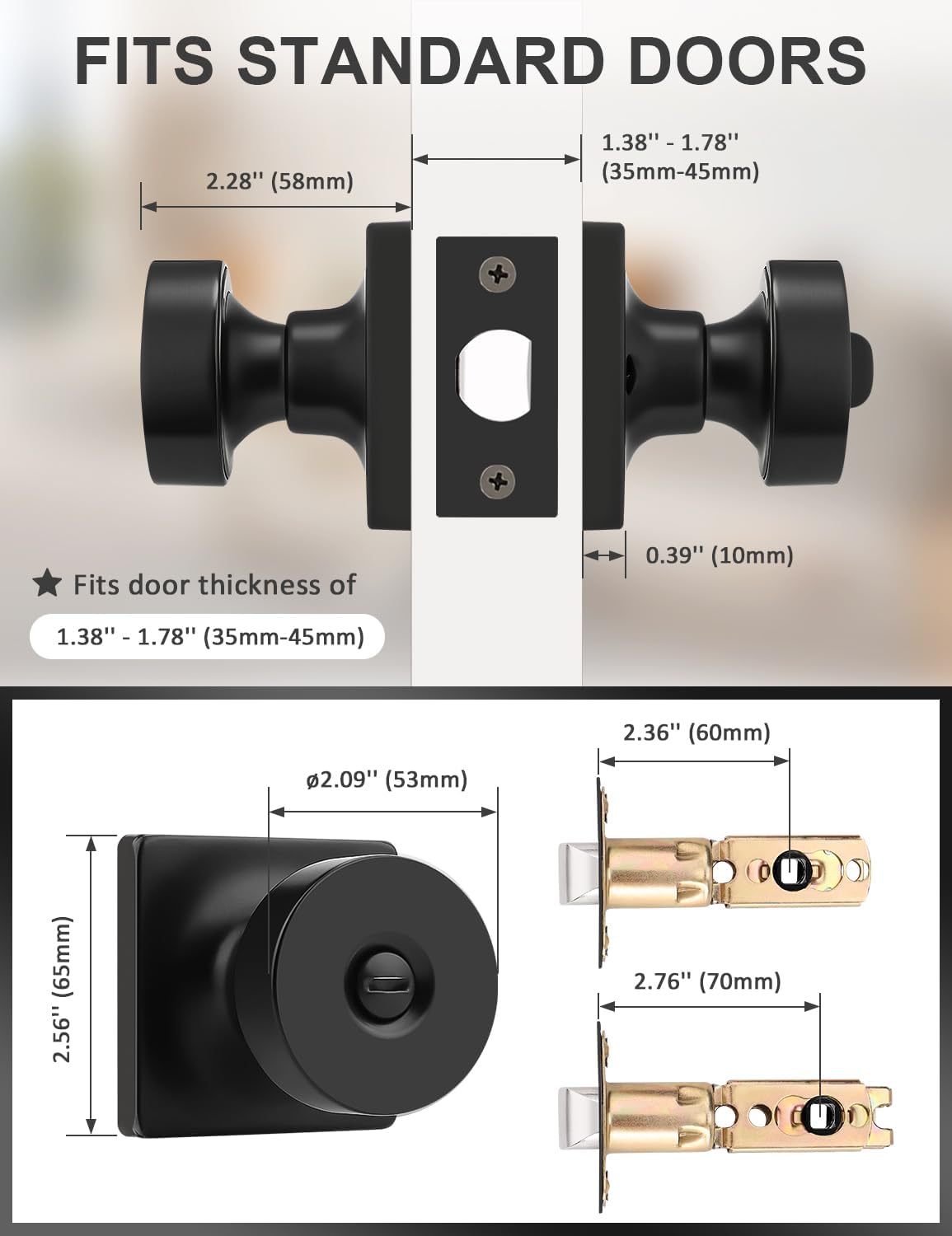 6 Pack Interior Privacy Door Knob with Lock, Matte Black Door Handle for Bathroom and Bedroom, Zinc Alloy Heavy Duty Door Knobs on Square Rose