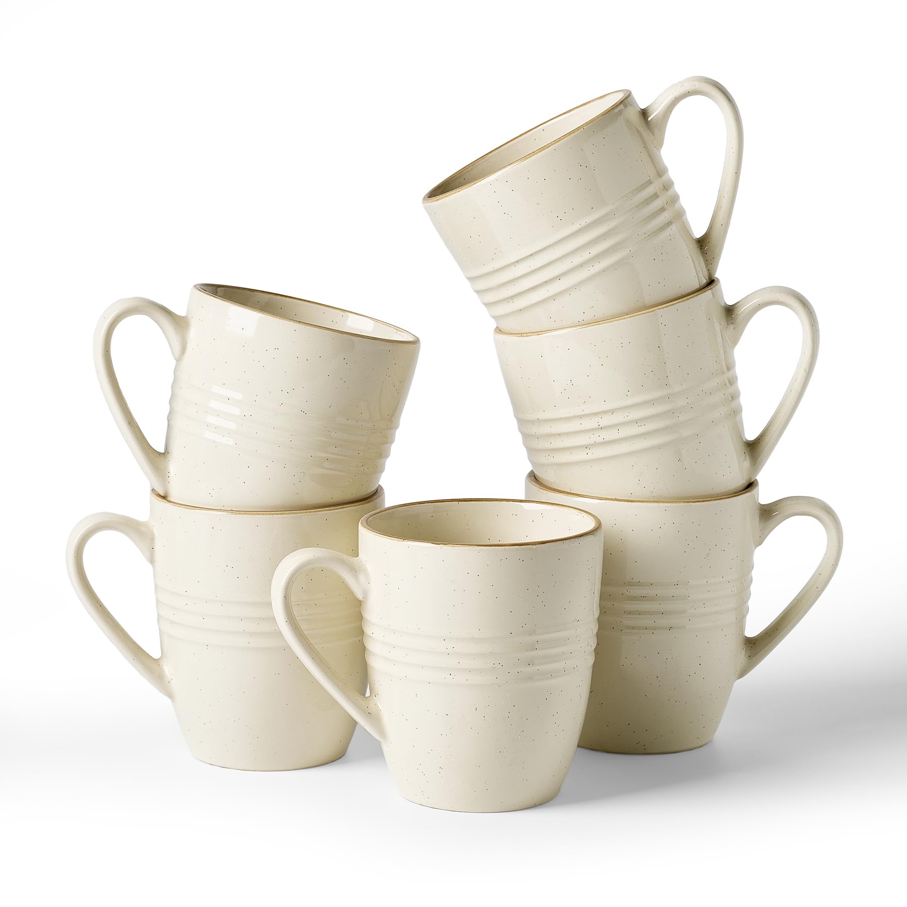 Richmount Jupiter Juego de tazas para café, 6 piezas, capacidad 384 ml, aptas para microondas y lavavajillas, tazas con asa para café, té, cacao, Vainilla Blanca